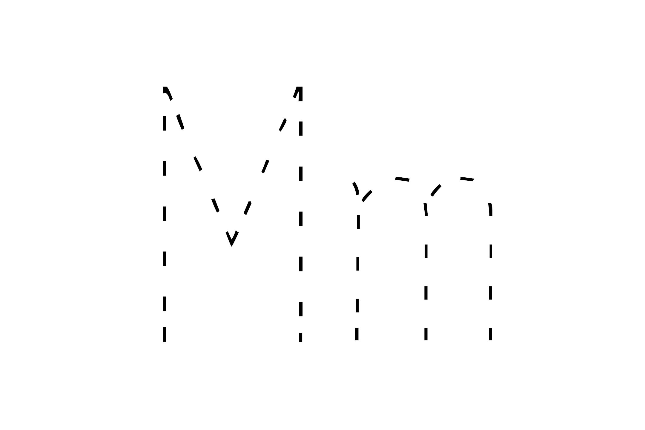 Dashed outline of uppercase M and lowercase m in the center on a white background.