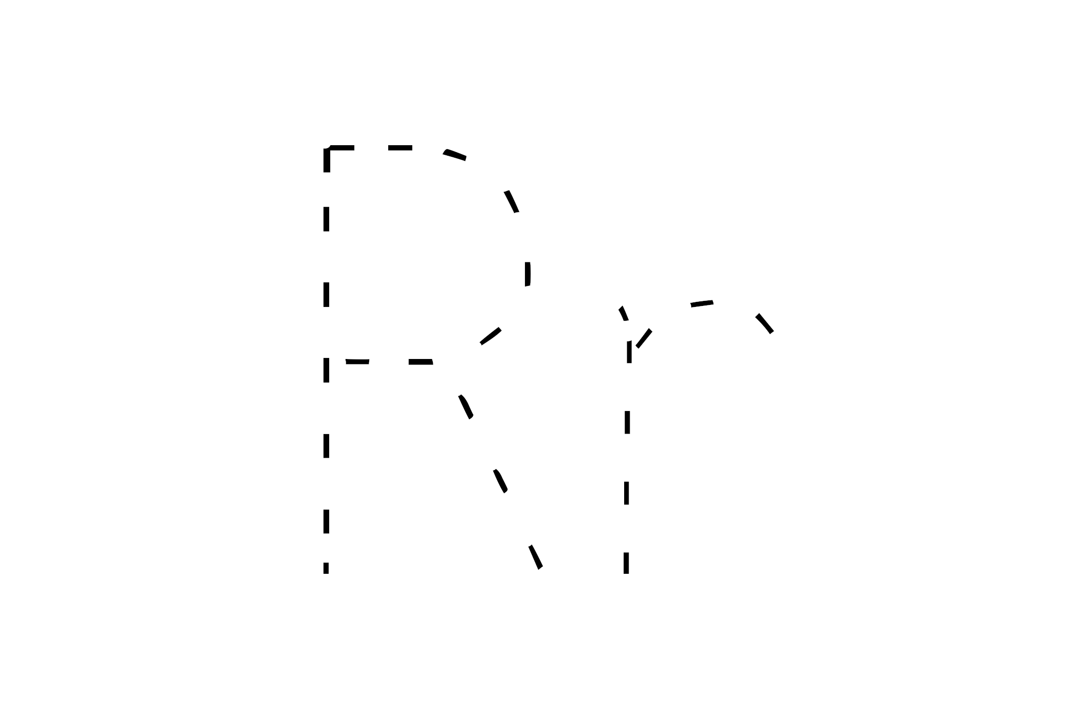 Dashed outline of uppercase R and lowercase r in the center on a white background.