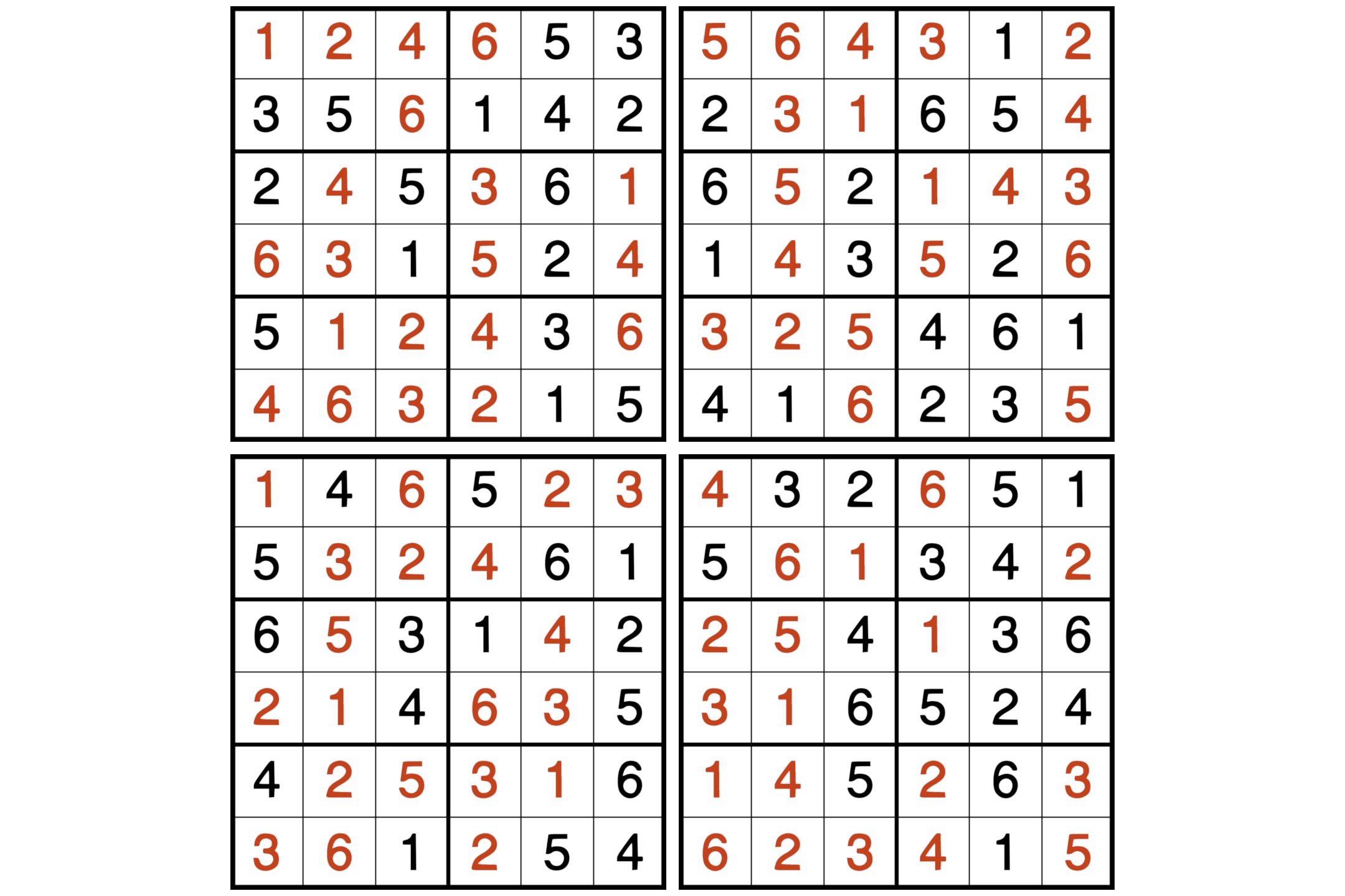 Four 6x6 Sudoku puzzles with solutions.