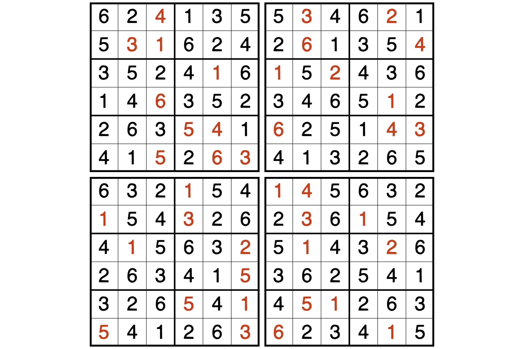 Four 6x6 Sudoku puzzles with solutions.