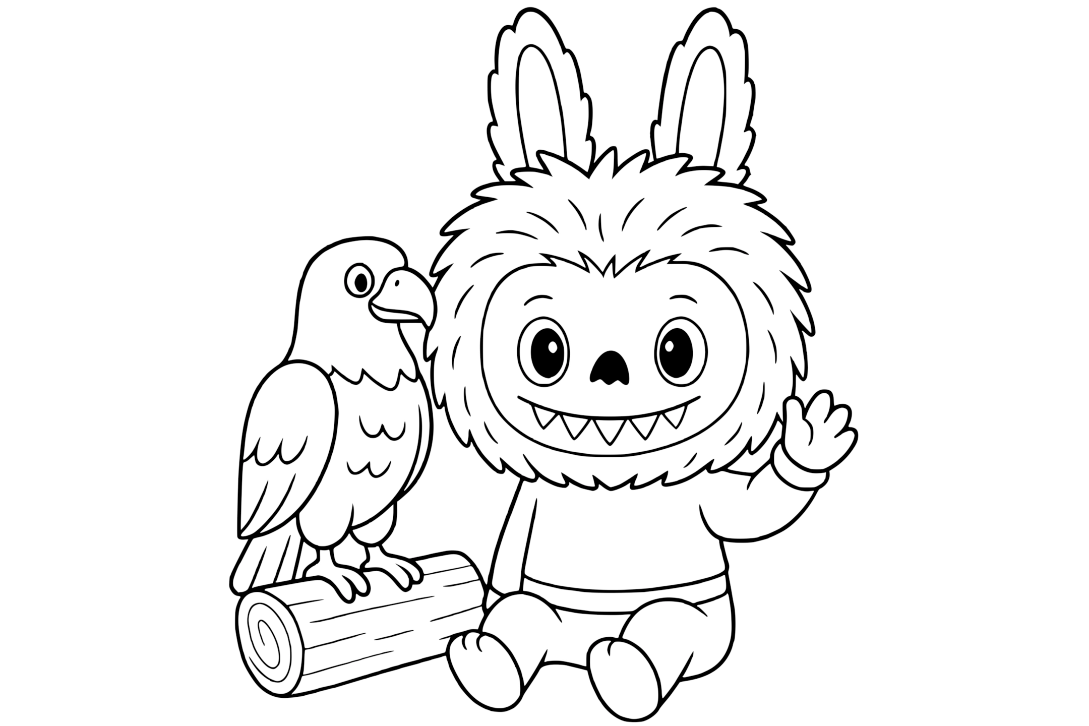 Labubu sitting in a forest, smiling and waving, with an eagle perched on a log.