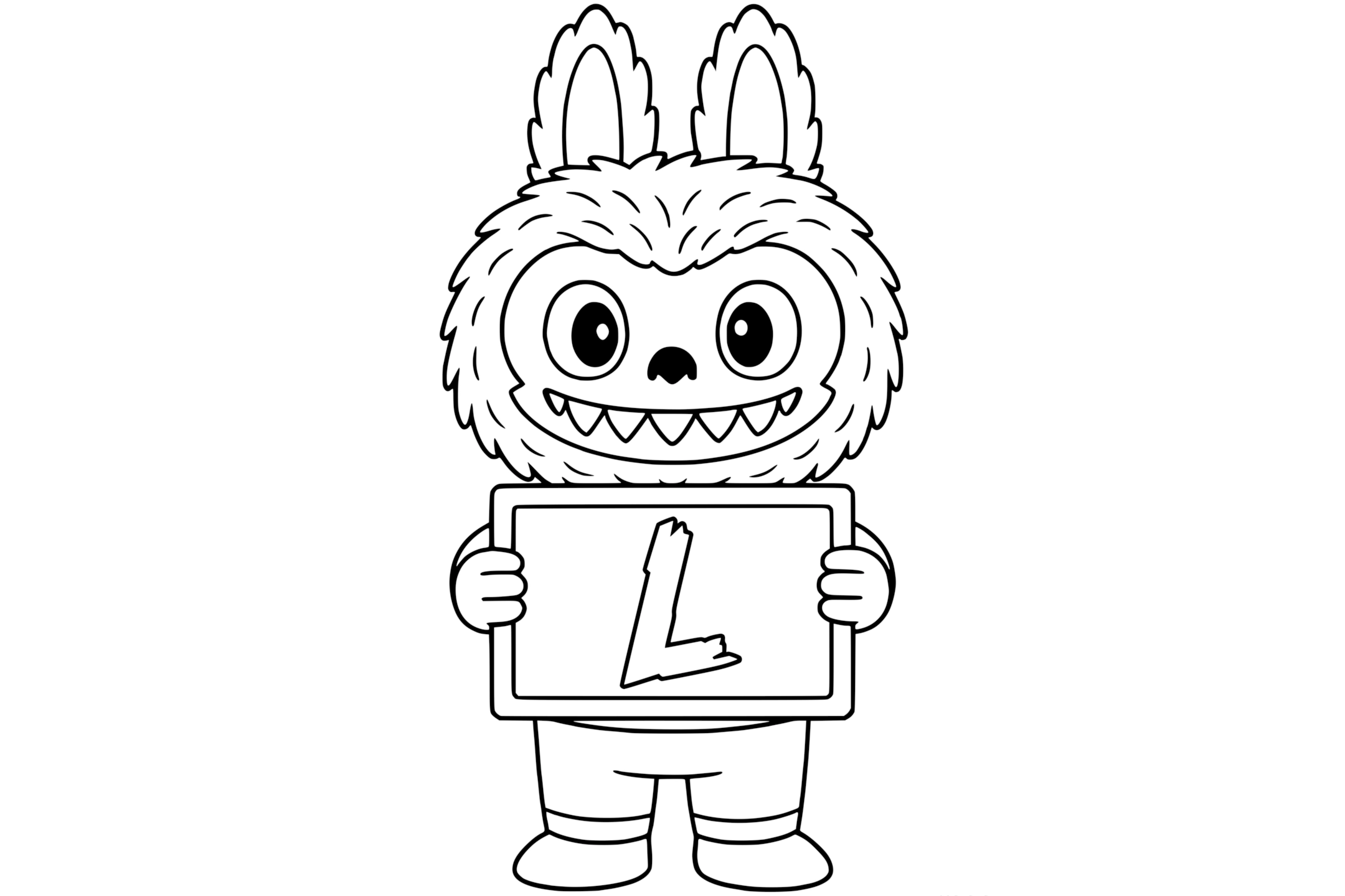 Labubu smiling and holding a rectangular chalkboard with a large bubble letter 'L', the first letter of his name.