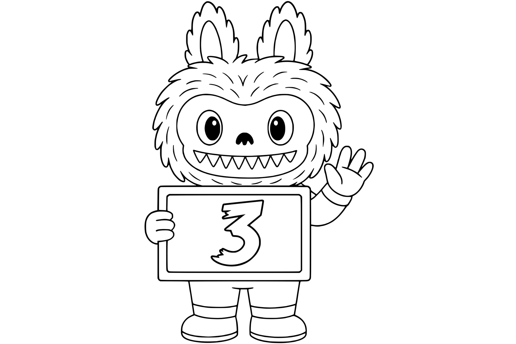 Labubu smiling and holding a rectangular chalkboard with a large bubble number '3'.