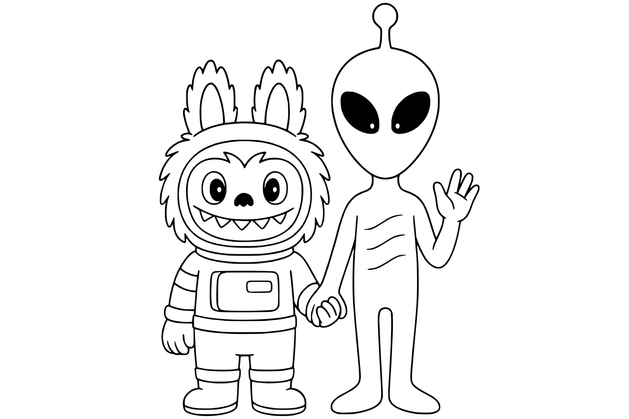 Labubu dressed as an astronaut holding hands with a friendly alien. The alien is waving, and both characters are smiling.