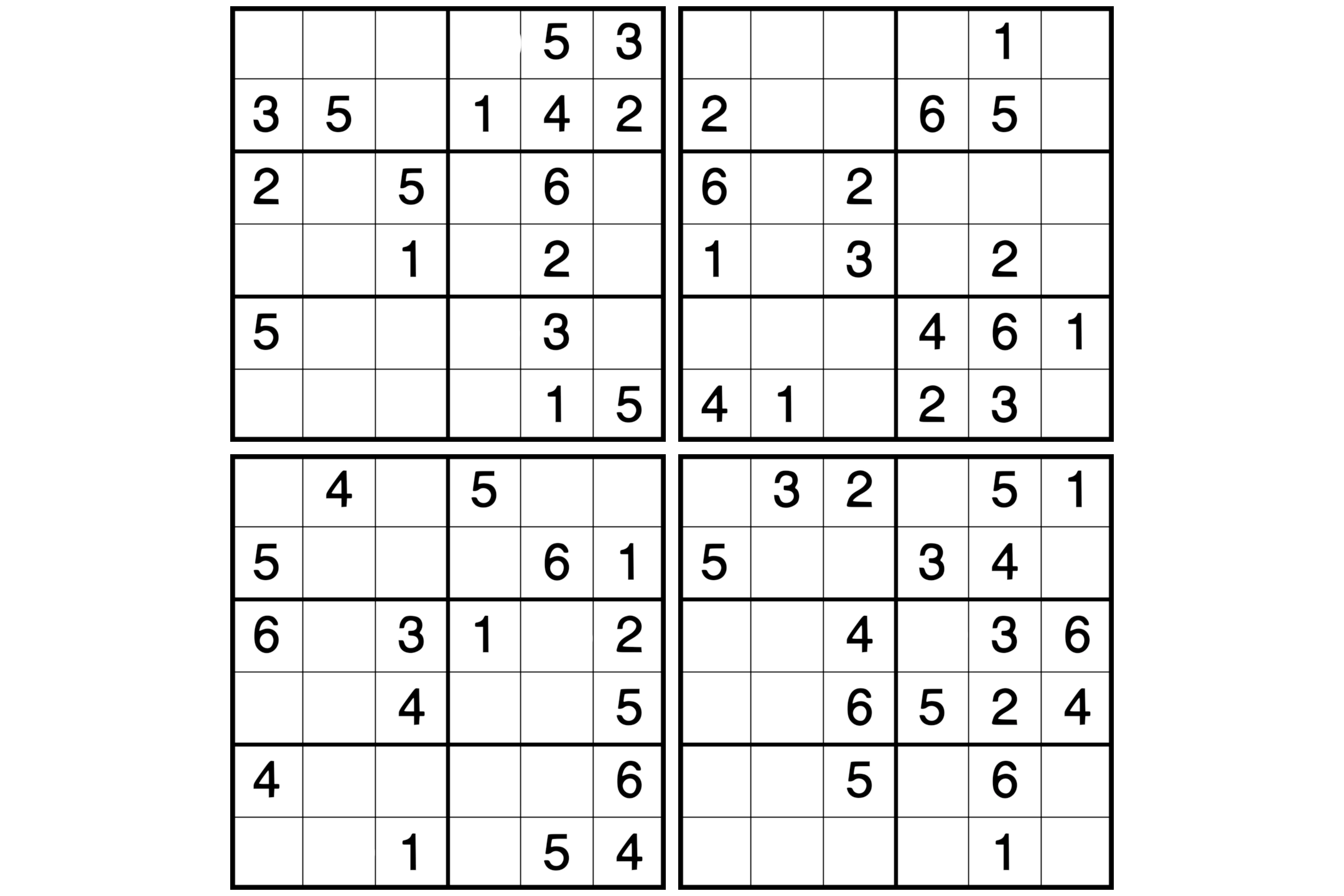 Four 6x6 Sudoku puzzles with solutions.