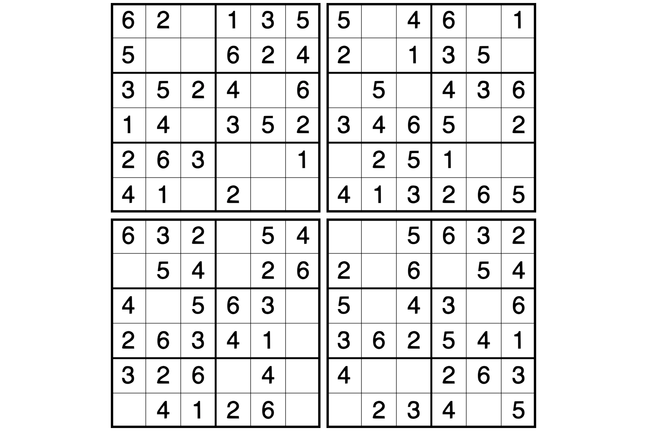 Four 6x6 Sudoku puzzles with solutions.