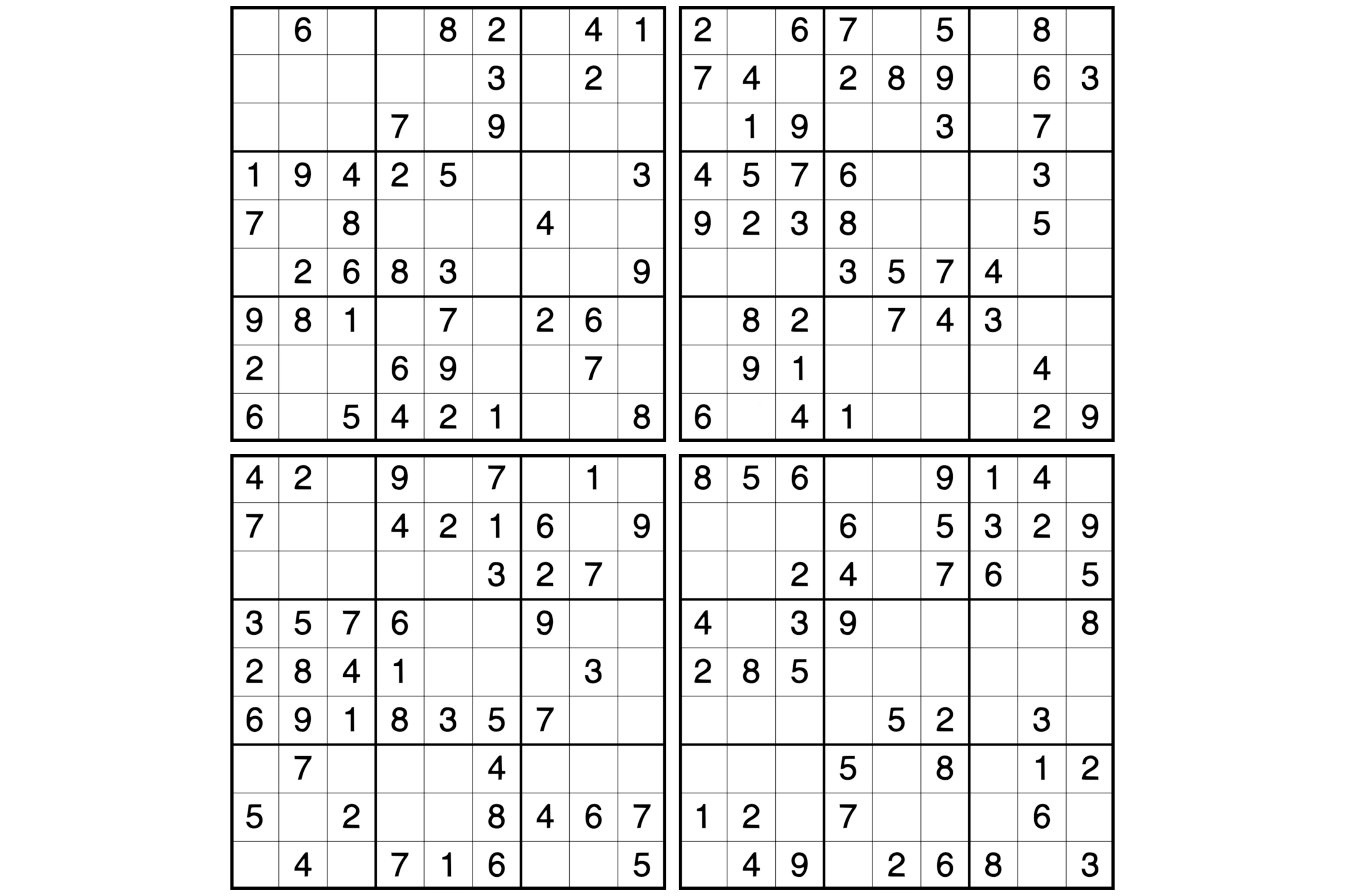 Four 9x9 Sudoku puzzles with solutions.