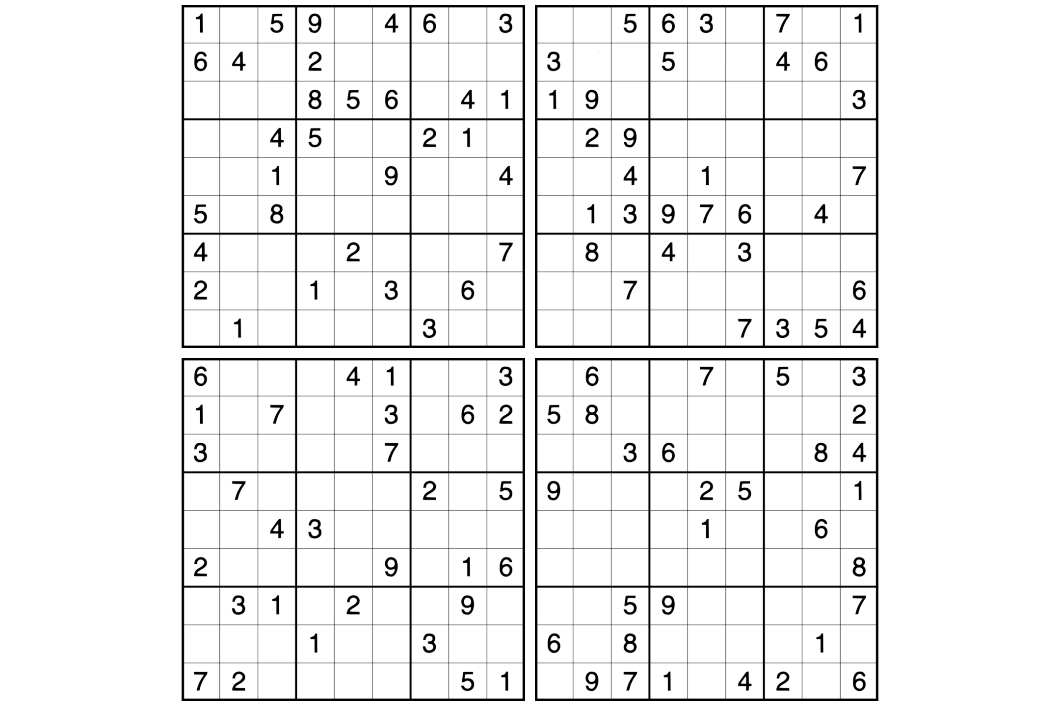 Four 9x9 Sudoku puzzles with solutions.