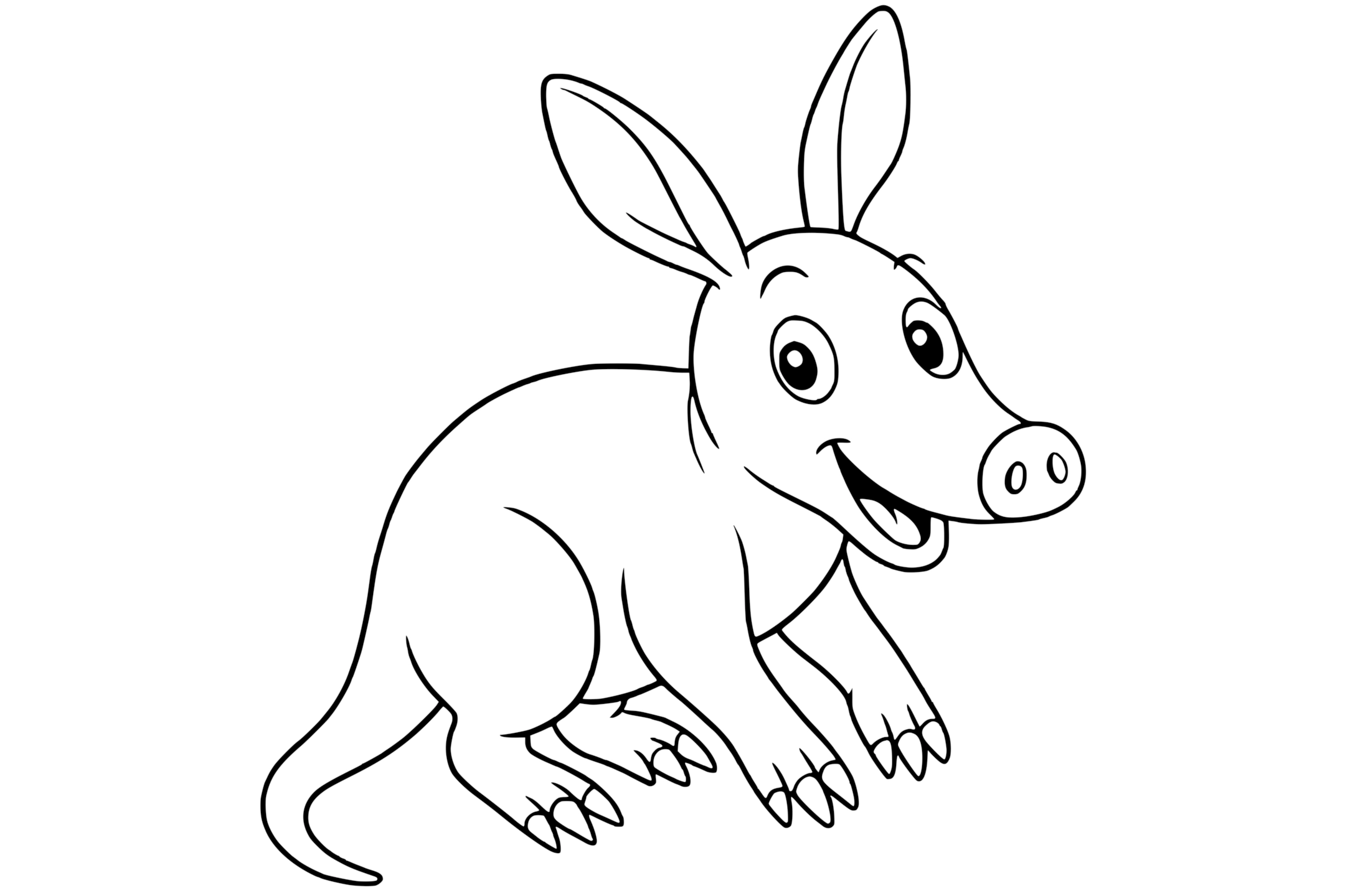 Happy Aardvark with big eyes, long ears, a wide smile, and four visible legs with claws.