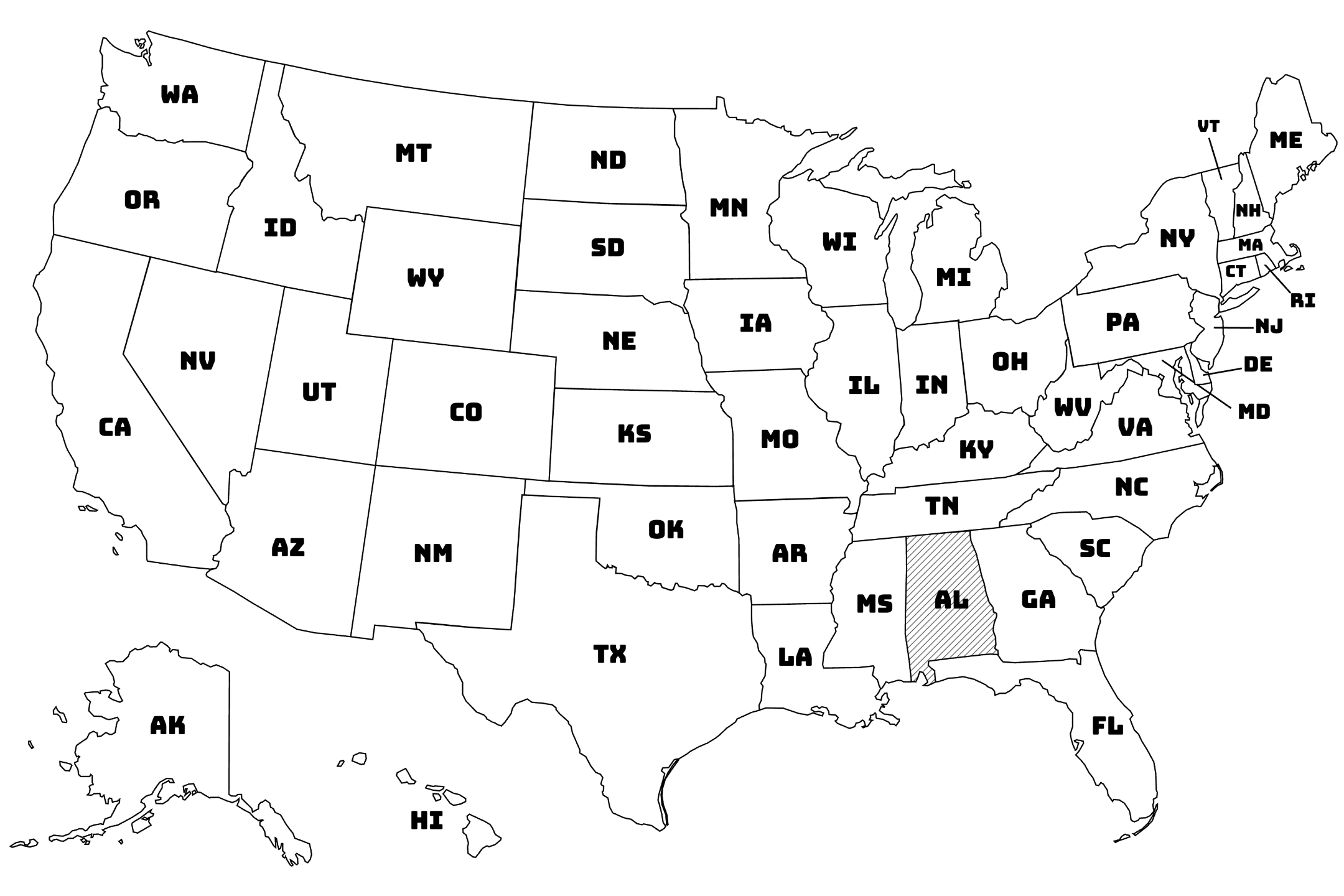 Map of the United States with Alabama highlighted using diagonal shading.