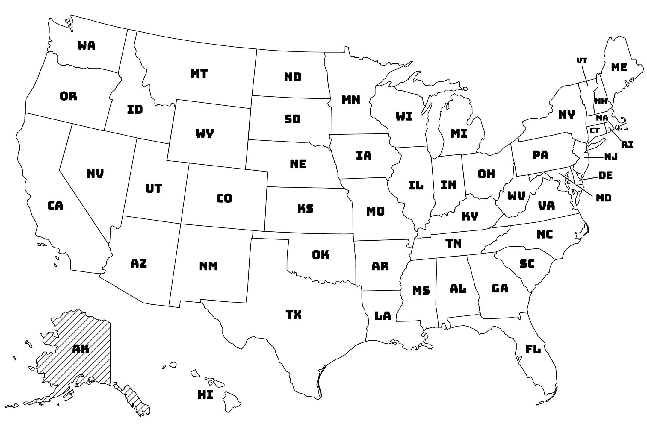 Map of the United States with Alaska highlighted using diagonal shading.