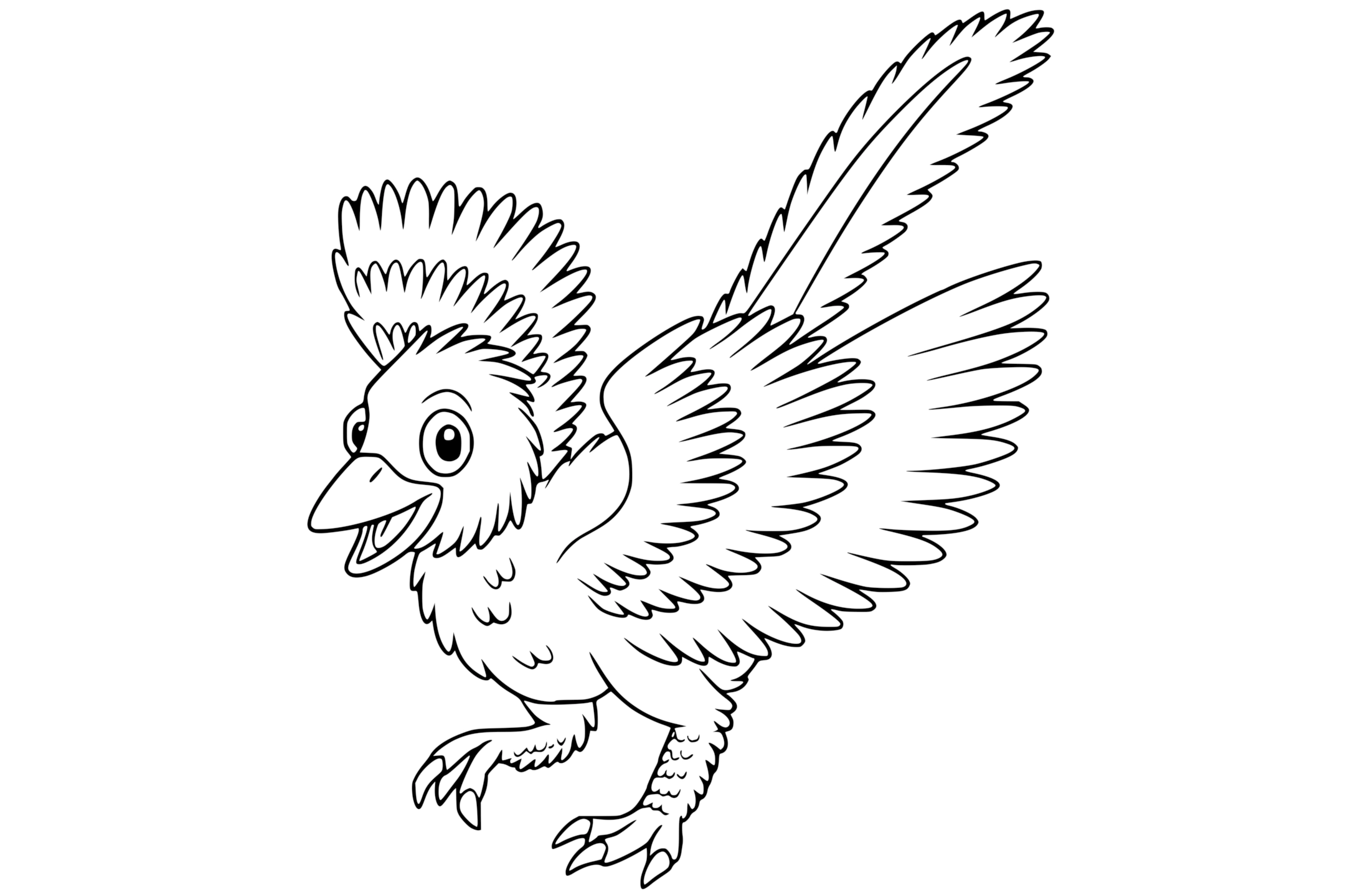 Anchiornis Huxleyi Dinosaur with feathers, two legs, clawed feet, wide wings, and a long tail.