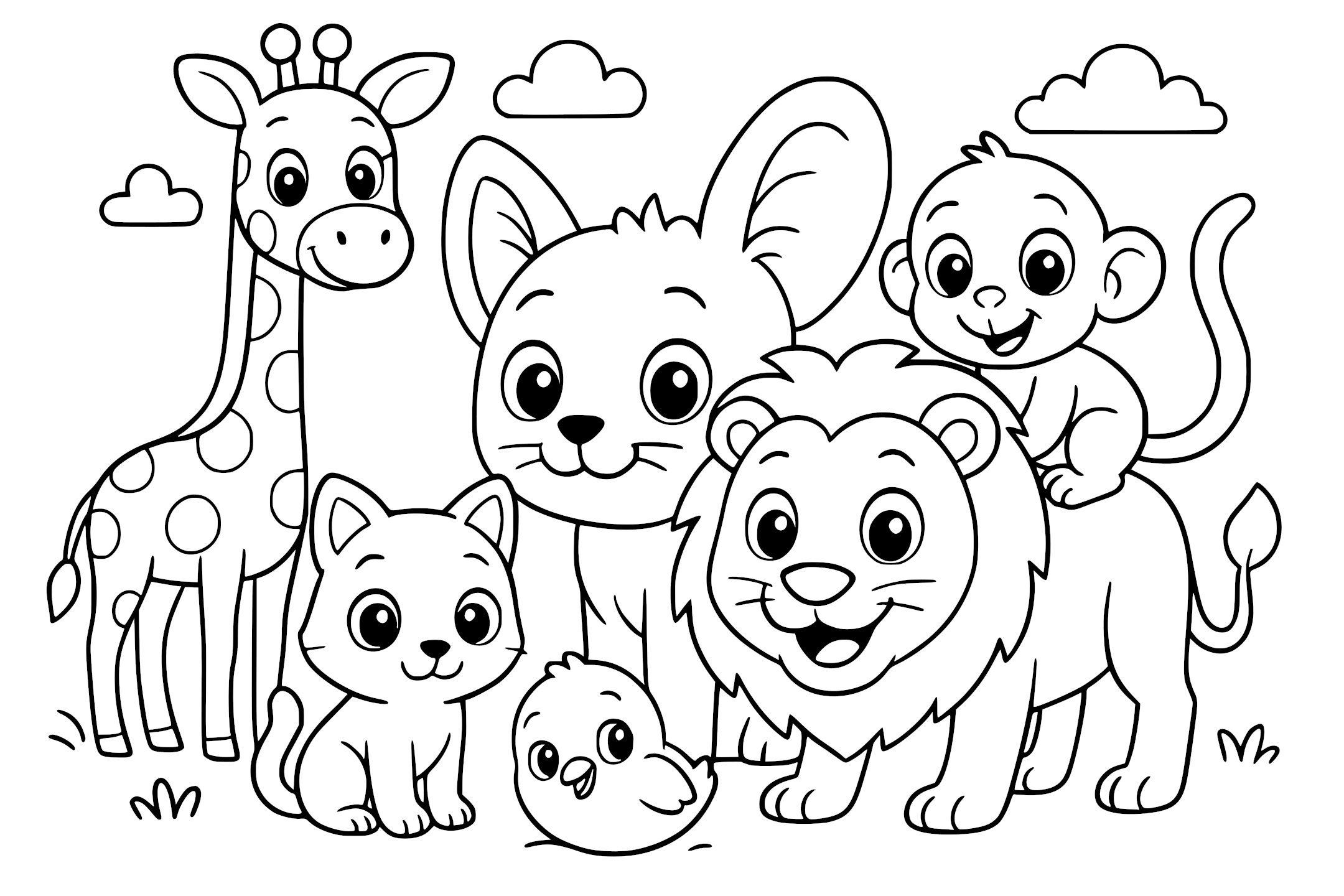 Cute animal coloring page for kids: giraffe, cat, mouse, chick, lion, and monkey with big open eyes, cartoon style, background with clouds and grass.