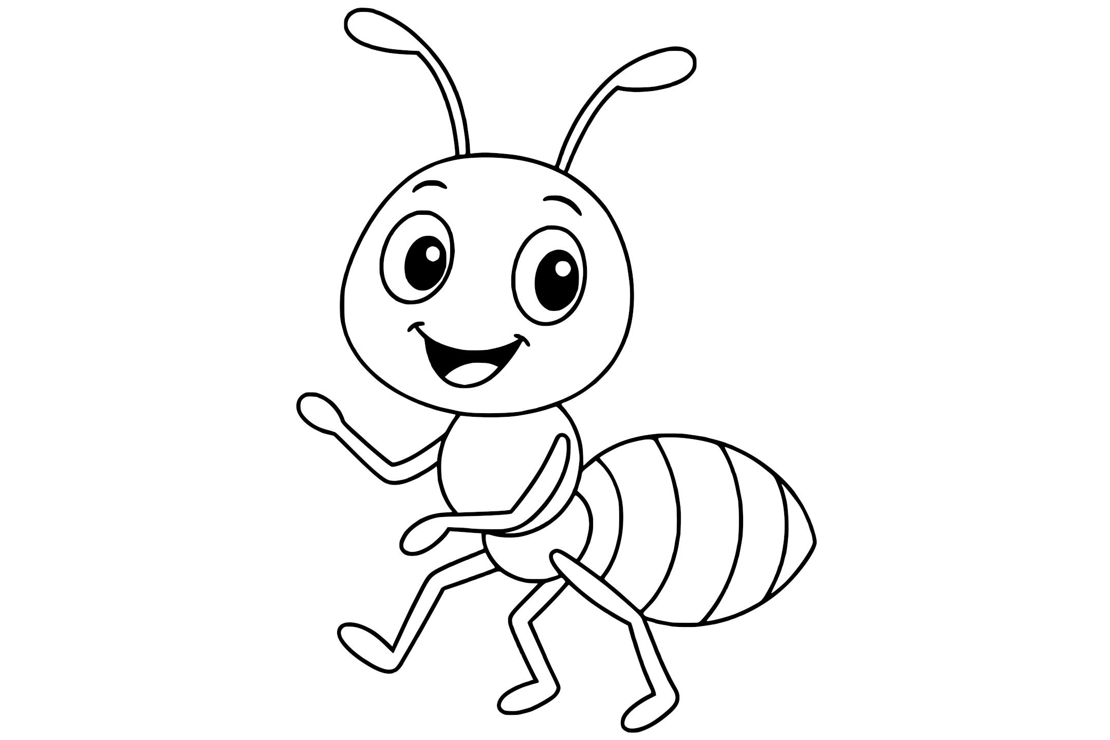 Ant with six limbs, curved antennae, and big eyes, standing in a forest setting with trees.