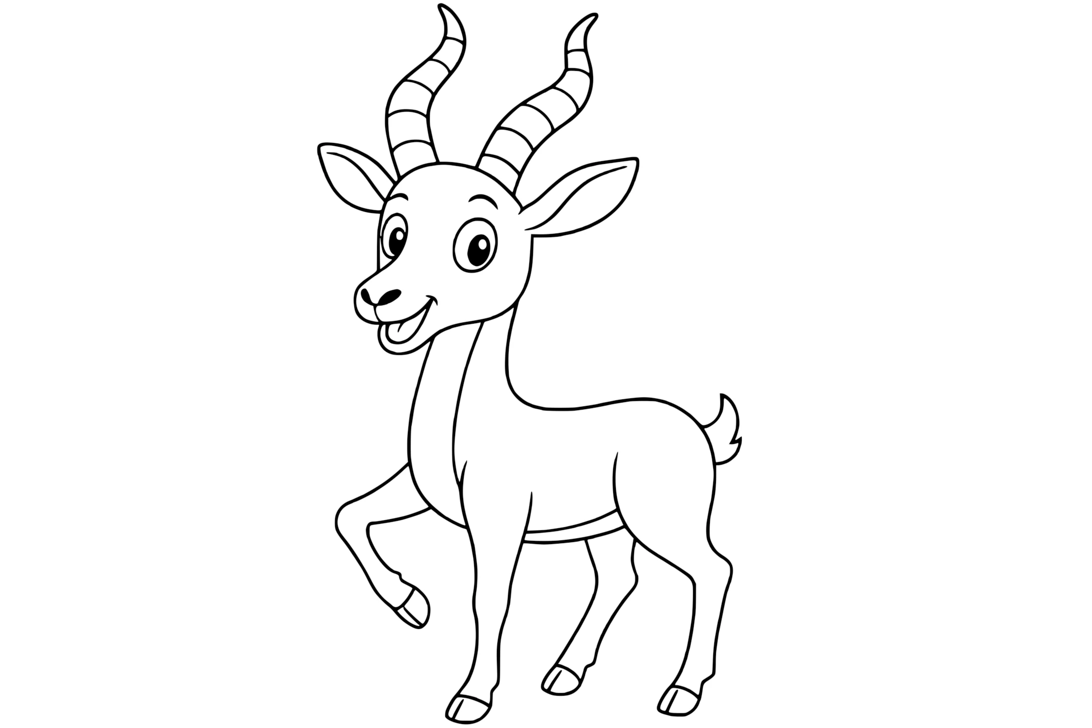 Antelope with big eyes, long curved horns, pointed ears, and one front leg raised.