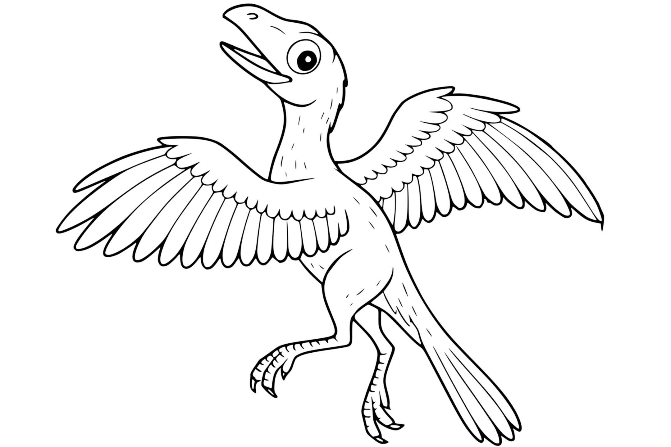 Archaeopteryx Dinosaur with feathers, two legs, clawed feet, large wings, and a long tail.