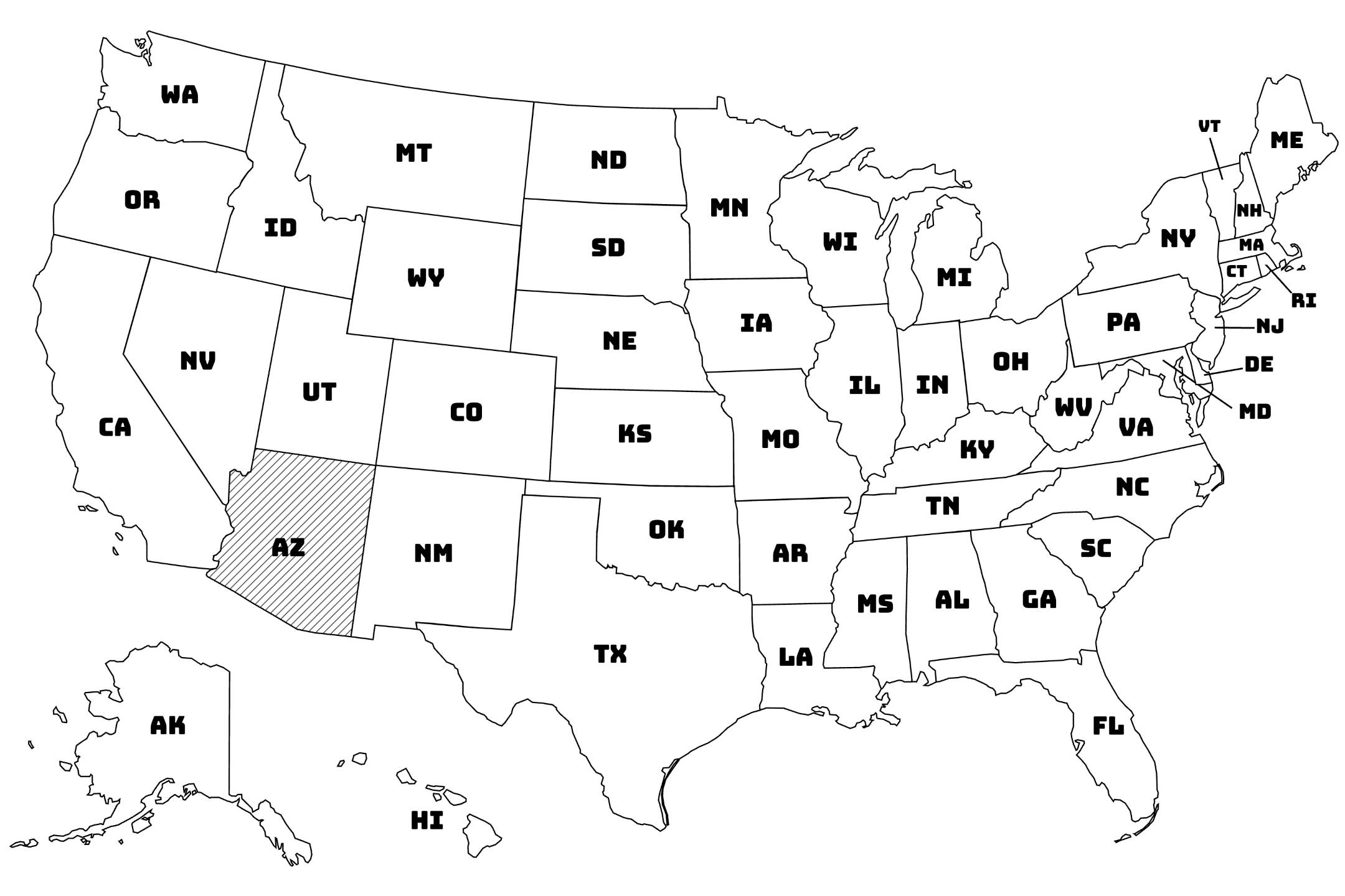 Map of the United States with Arizona highlighted using diagonal shading.