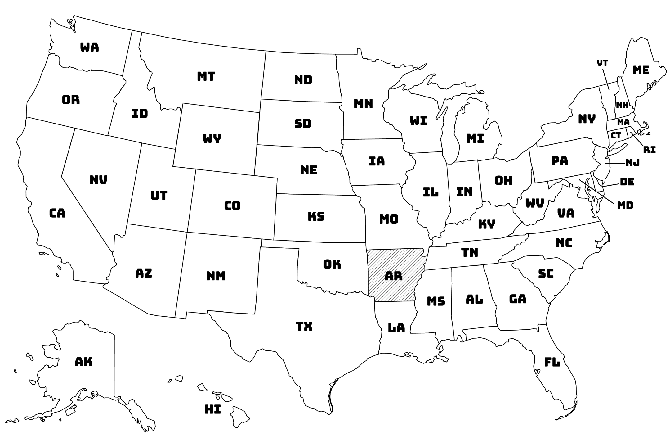 Map of the United States with Arkansas highlighted using diagonal shading.