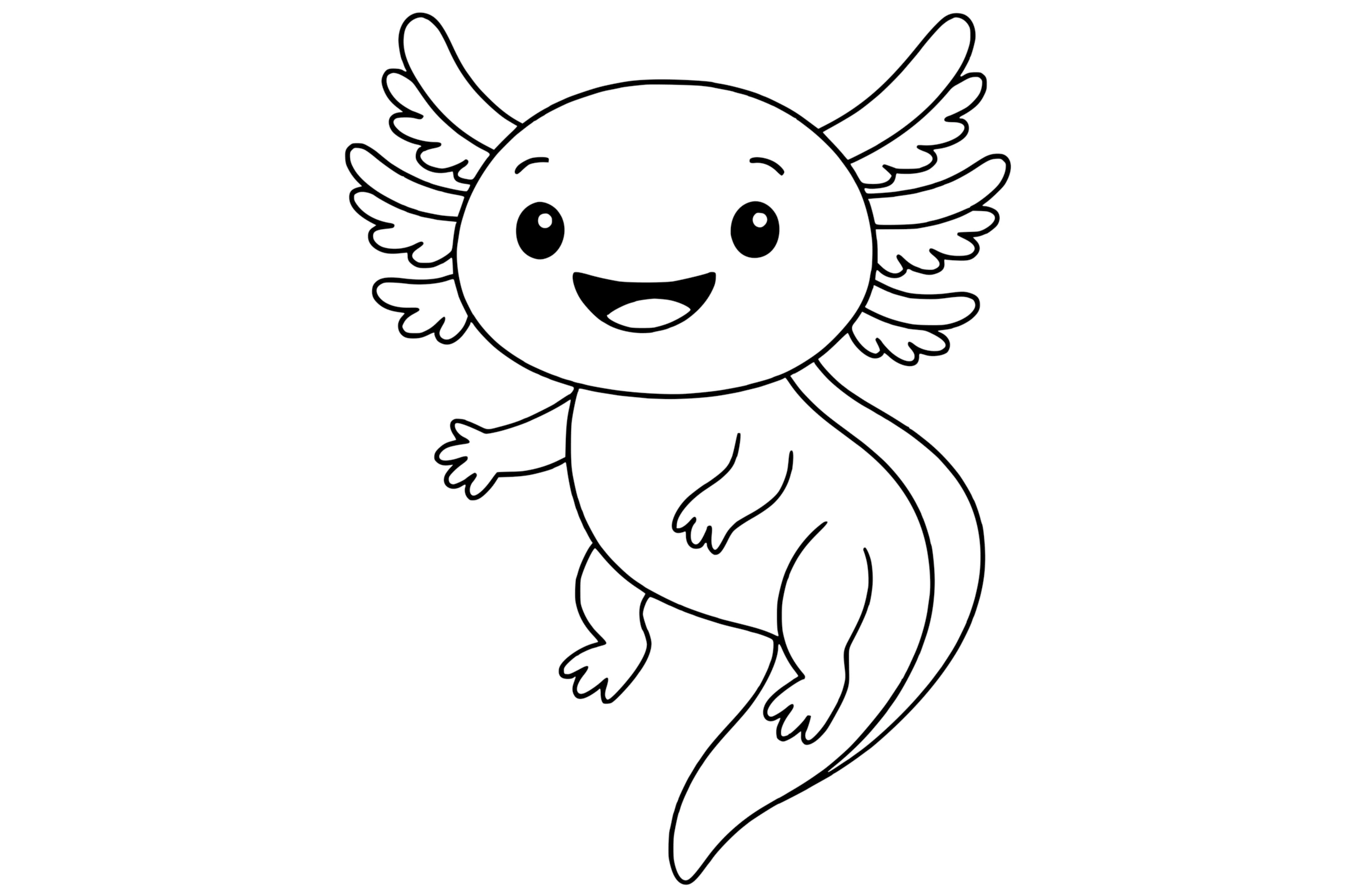 Axolotl with a big smile, four limbs, a long tail, and frilly gills on both sides of its head.