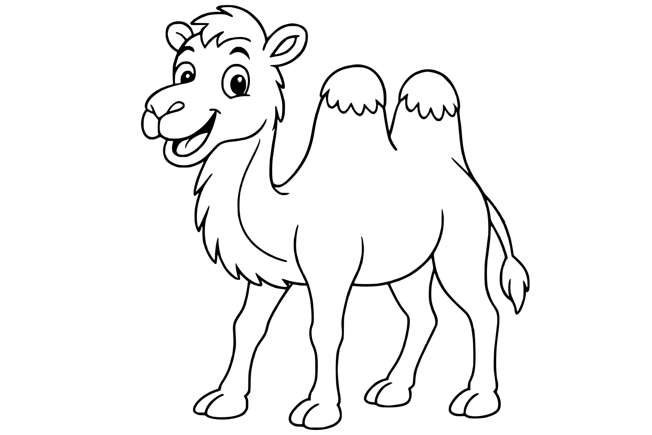 Happy Bactrian camel with two humps, a fluffy mane, four legs, and a tufted tail.
