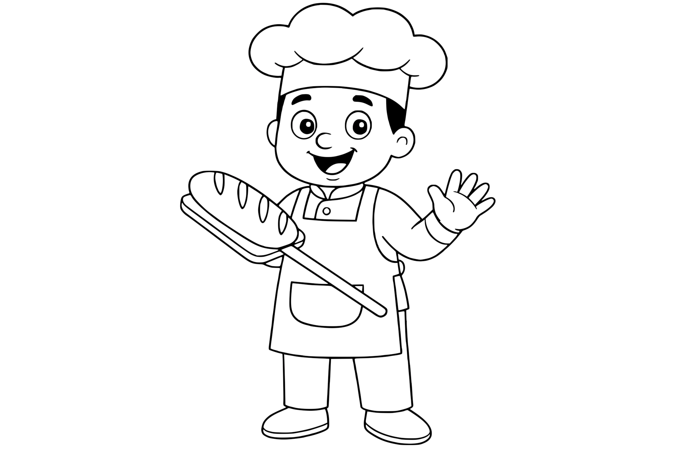 Smiling baker wearing a chef hat and apron, holding a loaf of bread on a wooden peel and waving with the other hand.