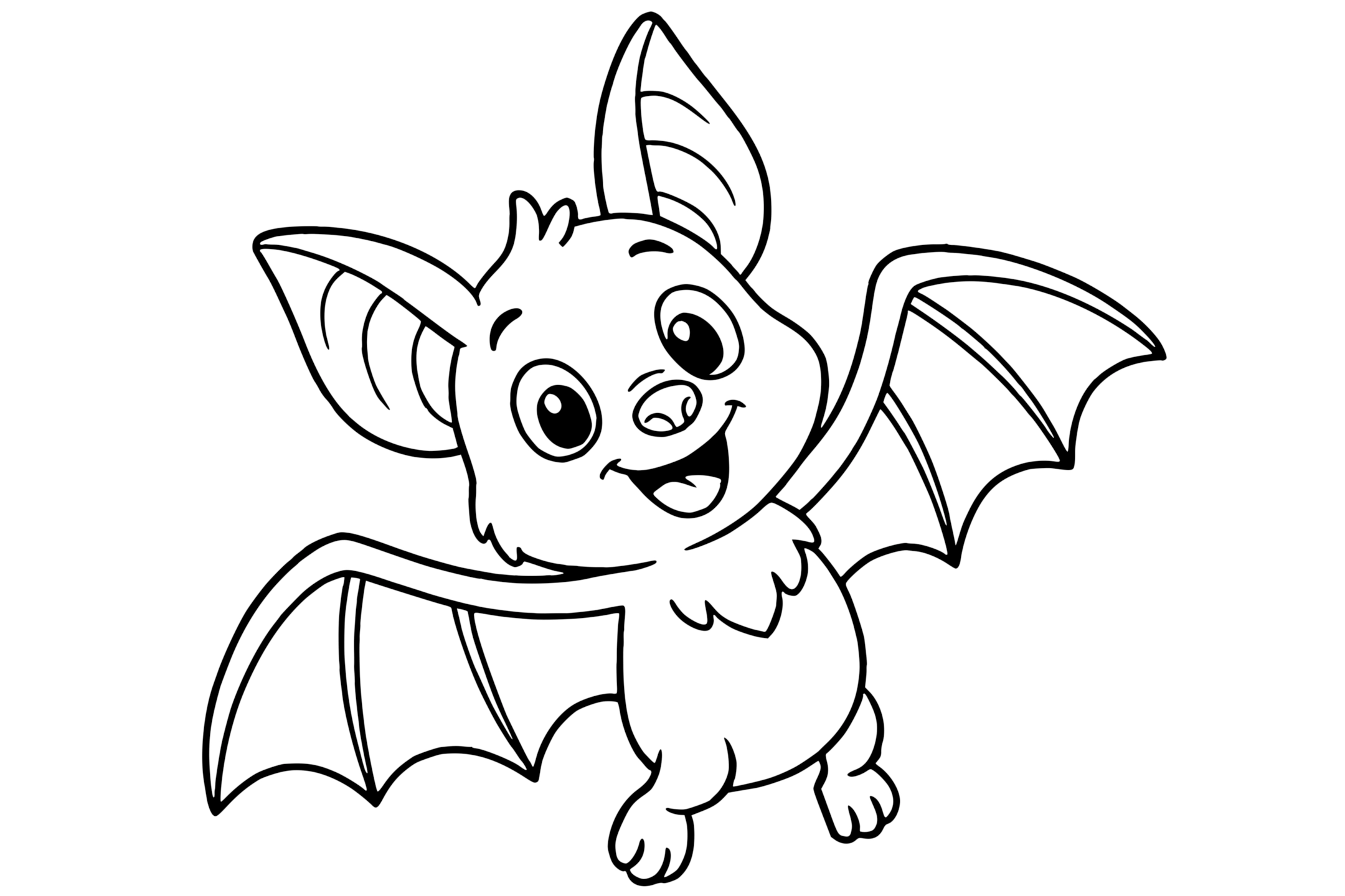 Bat with large ears and wide wings, smiling in mid-flight.