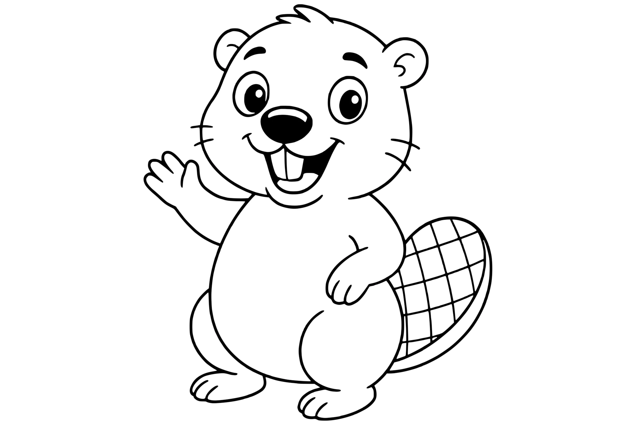 Beaver with big front teeth, small ears, whiskers, and a flat textured tail.