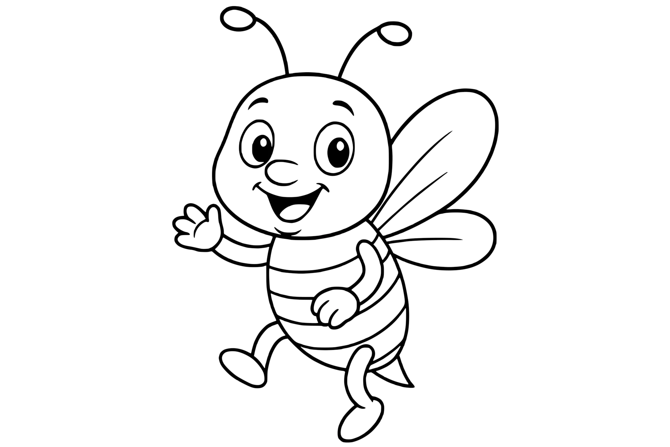Bee with two antennae, striped body, large wings, and raised hand as if waving.