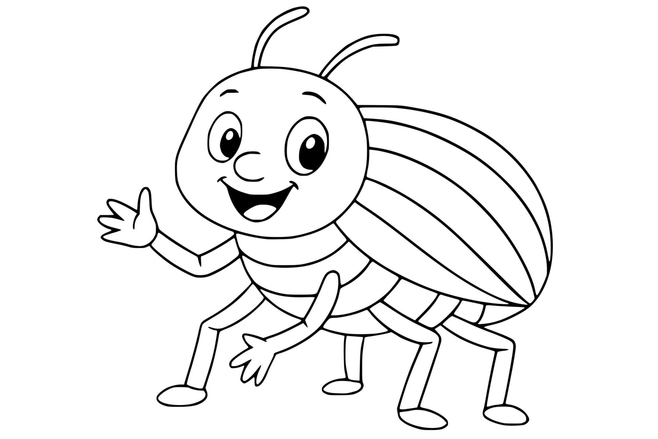Beetle with six legs and curved antennae, standing in a forest with grass, rocks, a tree, a river, and a volcano in the background.