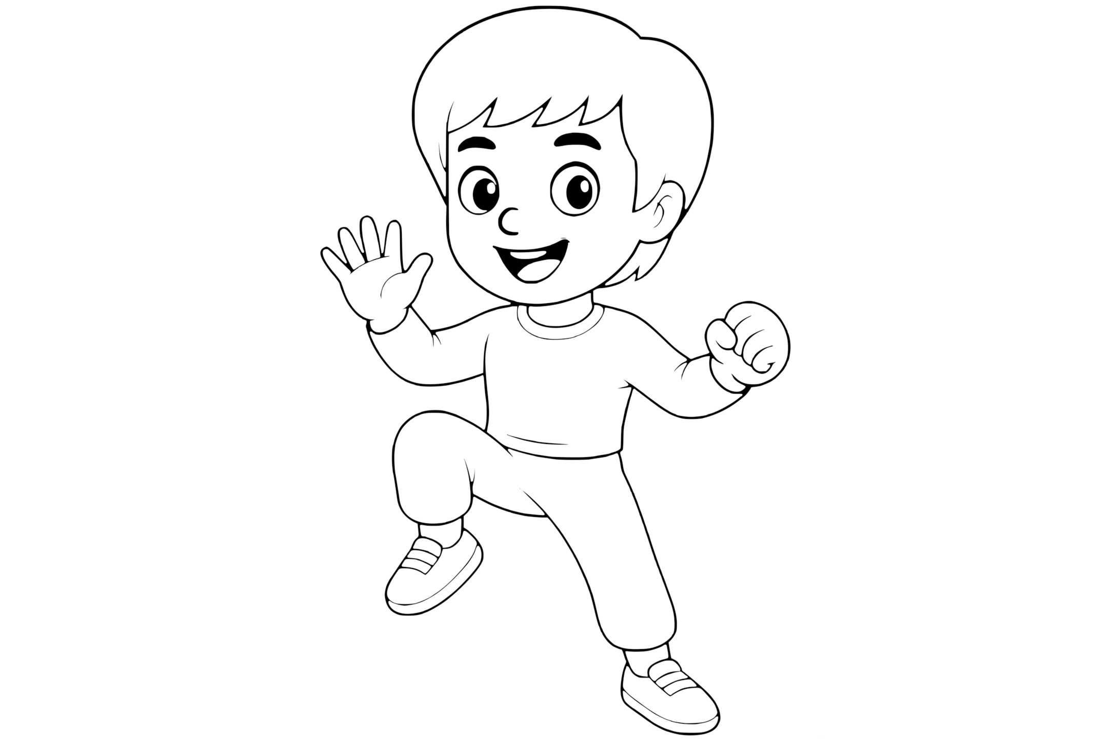 Bruce Lee smiling in a martial arts pose with one knee raised, one hand open, and the other in a fist, wearing a simple outfit and sneakers.