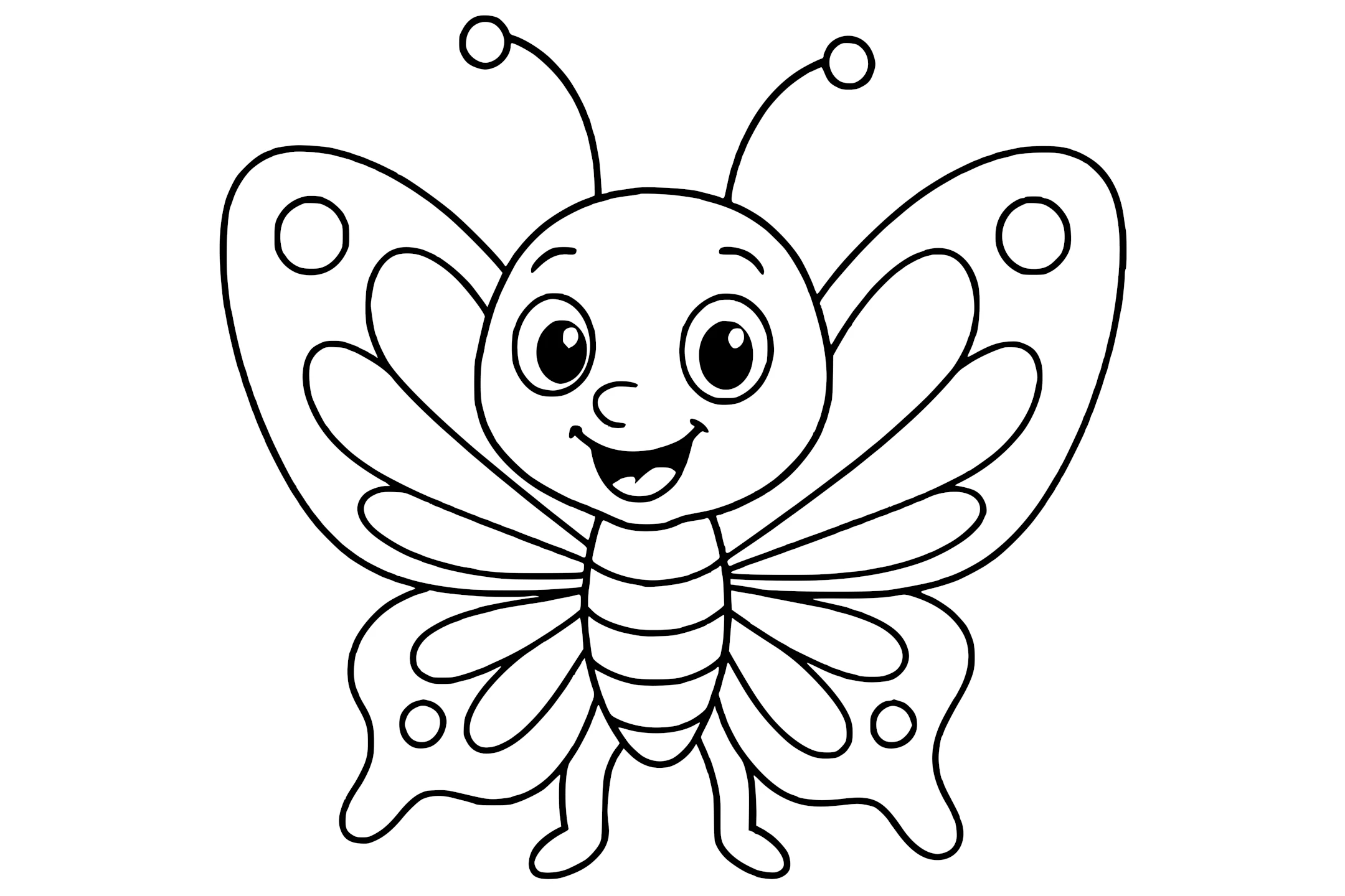 Butterfly with large patterned wings, two antennae, and a smiling face.
