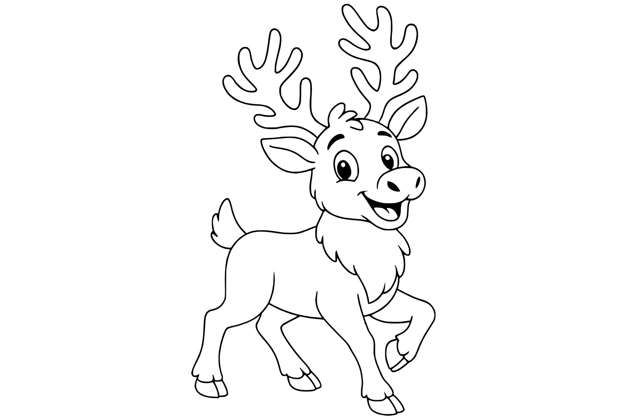 Happy Caribou with large antlers, a short tail, four legs, and a fluffy chest.