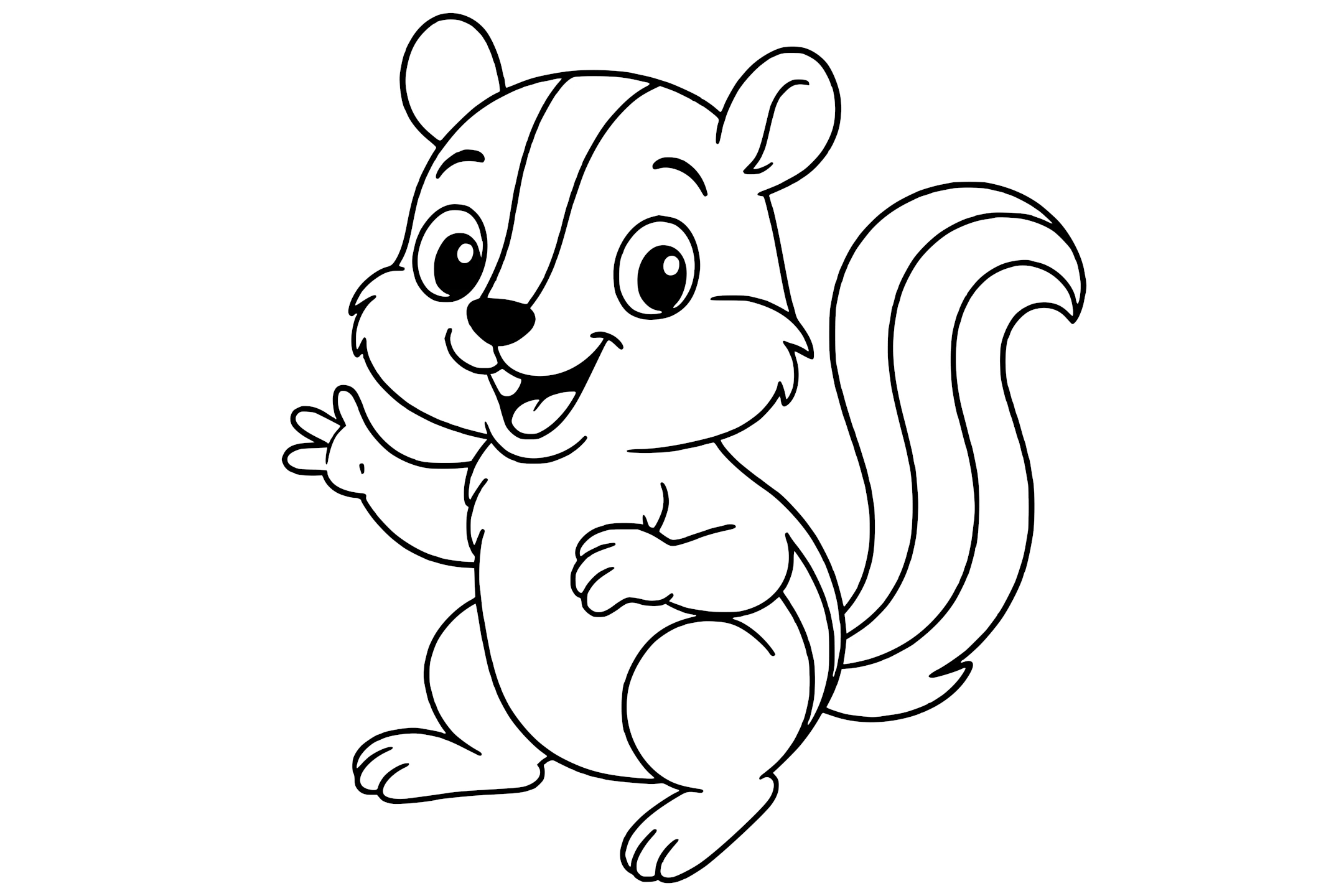 Chipmunk with big eyes, striped back, fluffy tail, and one paw raised.