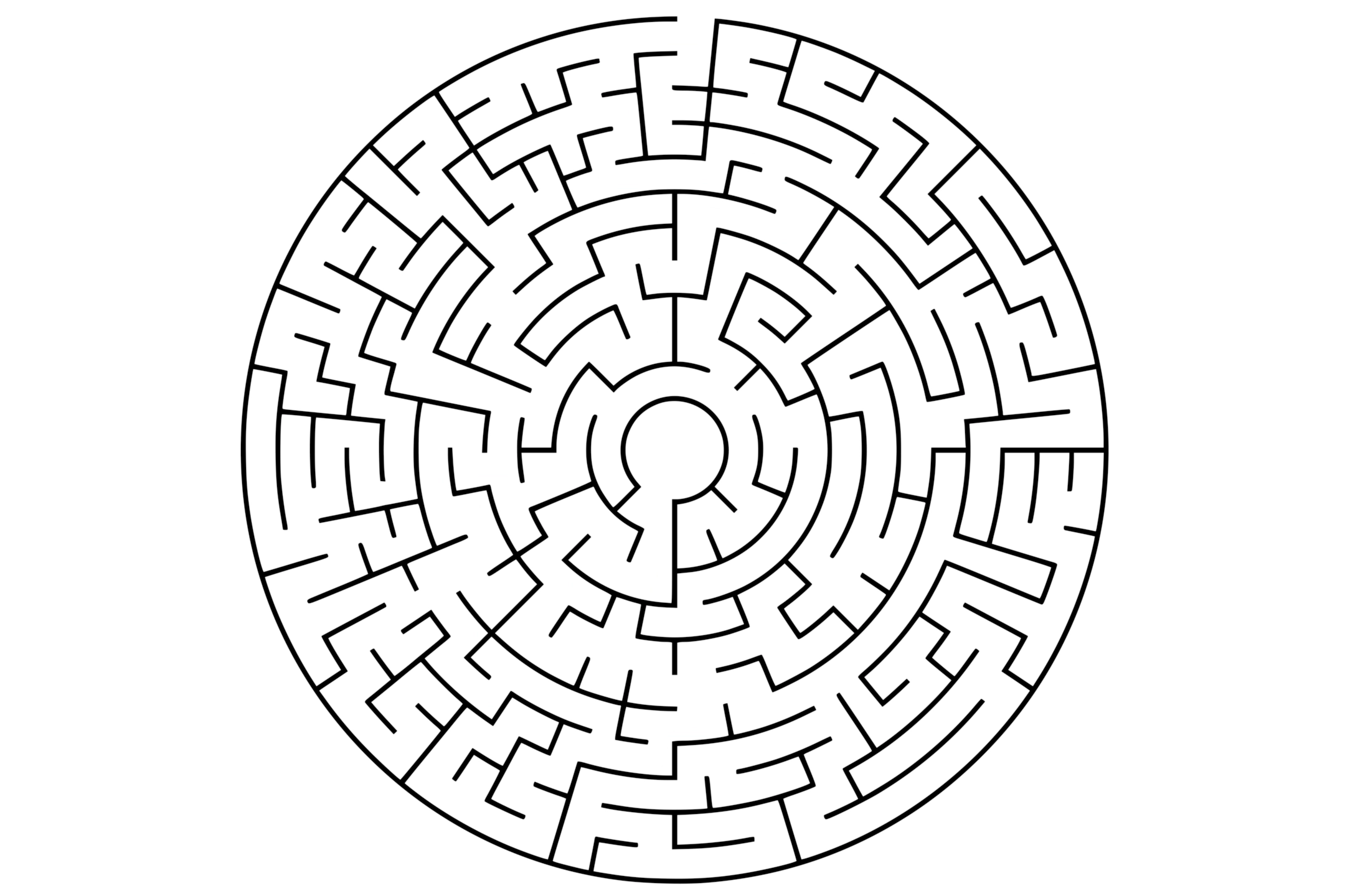Circular maze in black and white with curved paths and a highlighted orange solution line.