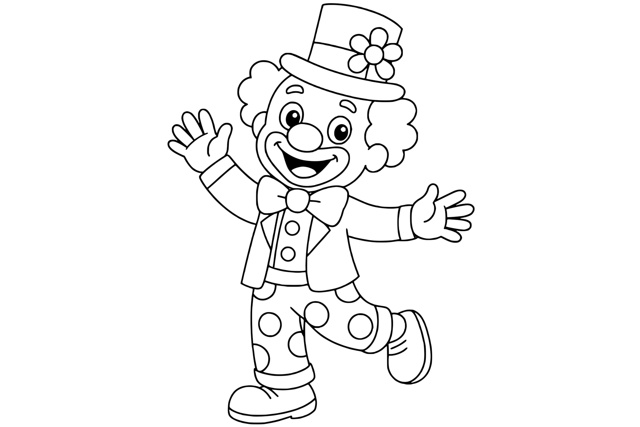 Happy clown with curly hair, wearing a tall hat with a flower, a bow tie, polka dot pants, and big shoes, waving with both hands.