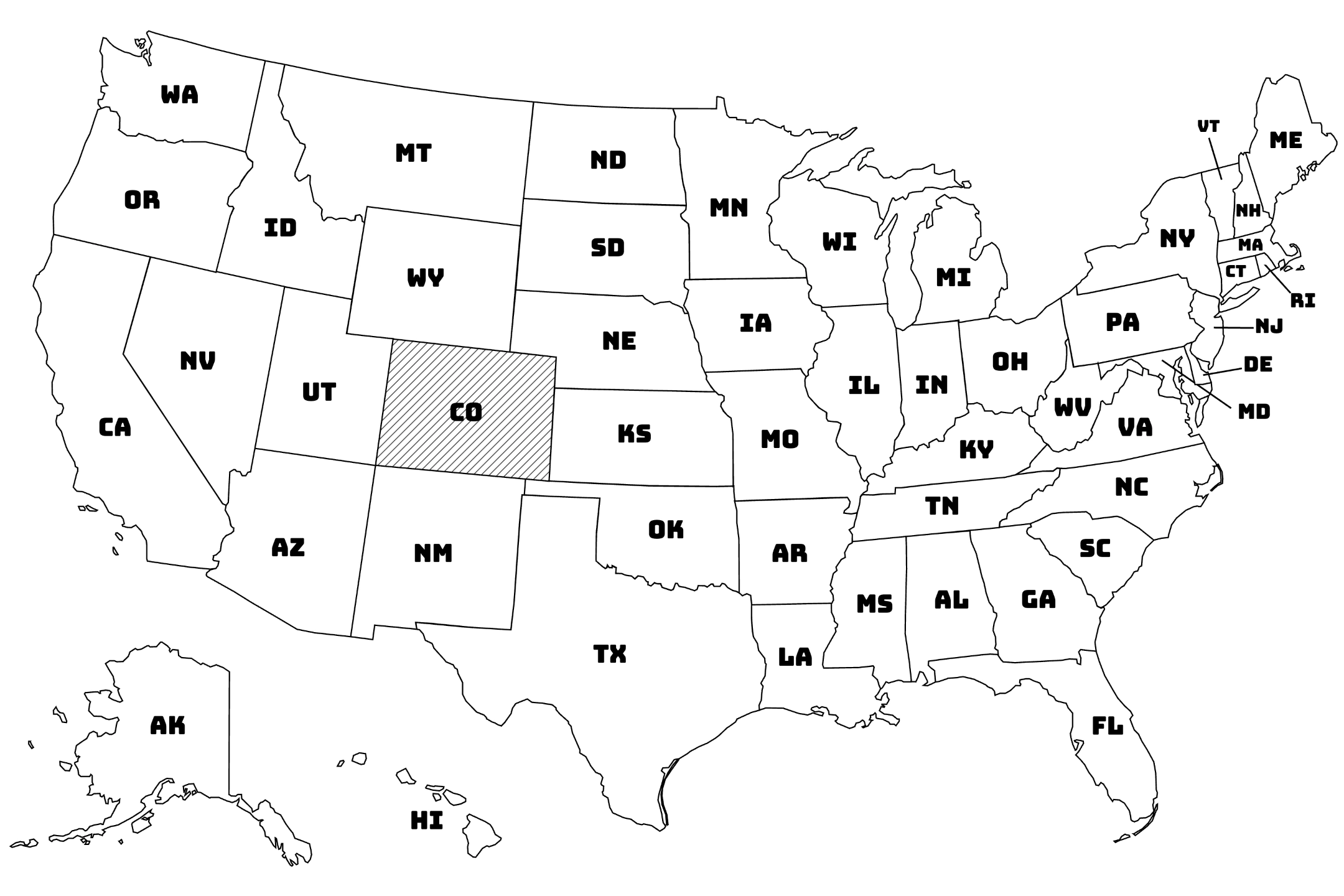 Map of the United States with Colorado highlighted using diagonal shading.