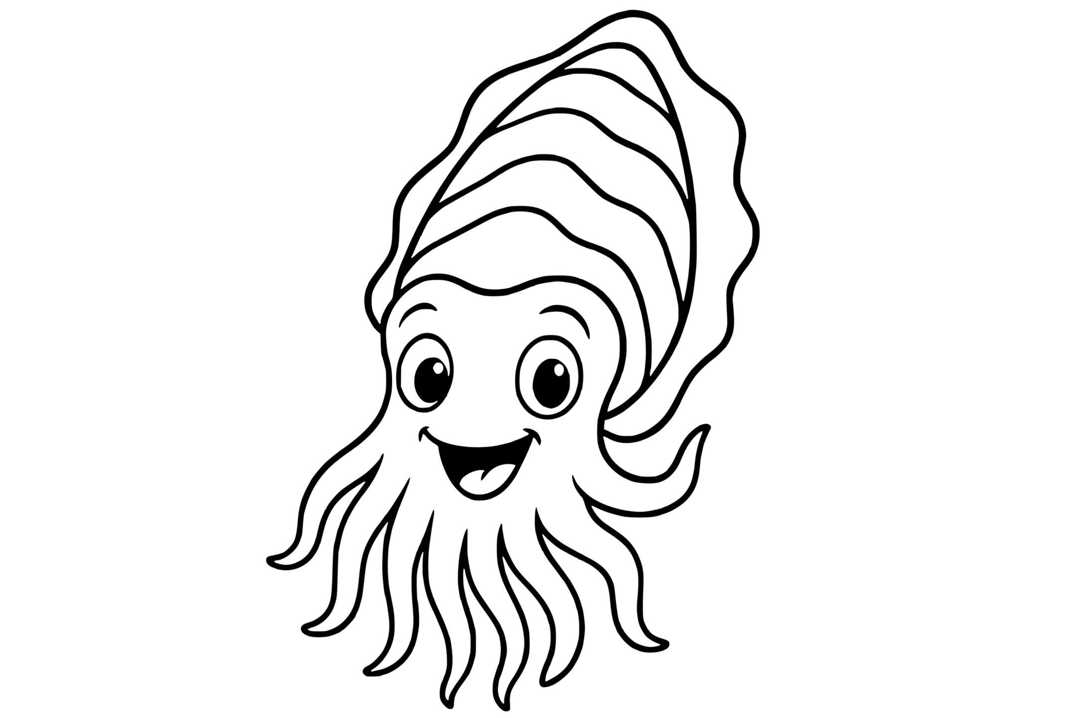 Cuttlefish with big eyes, a striped finned body, and flowing arms.