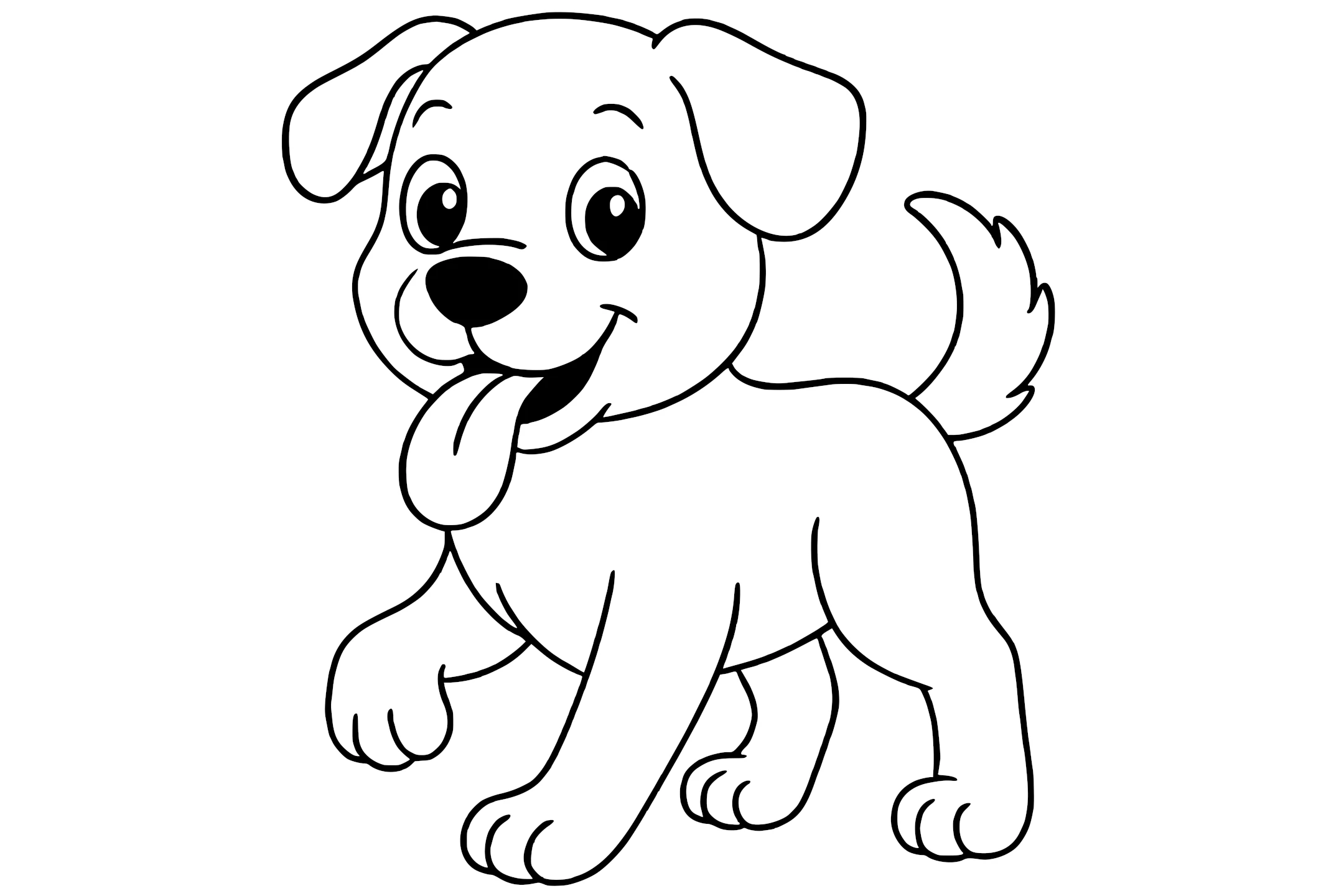Dog with floppy ears, big eyes, a wagging tail, and its tongue sticking out while walking.