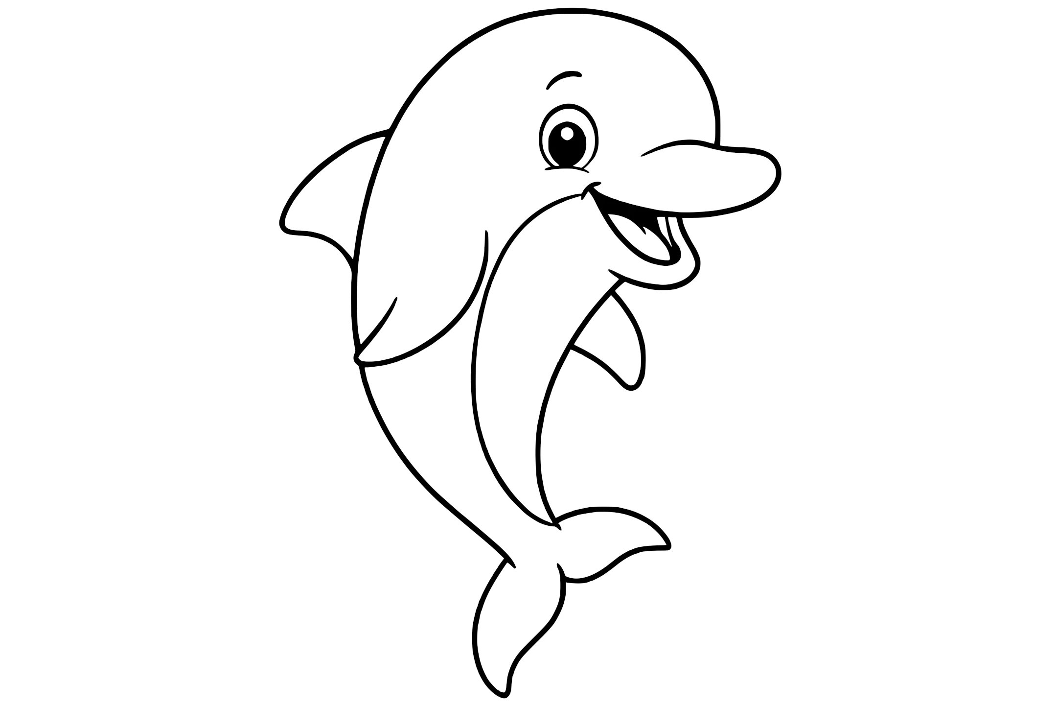 Dolphin with a curved mouth, dorsal fin, flippers, and a fluked tail.