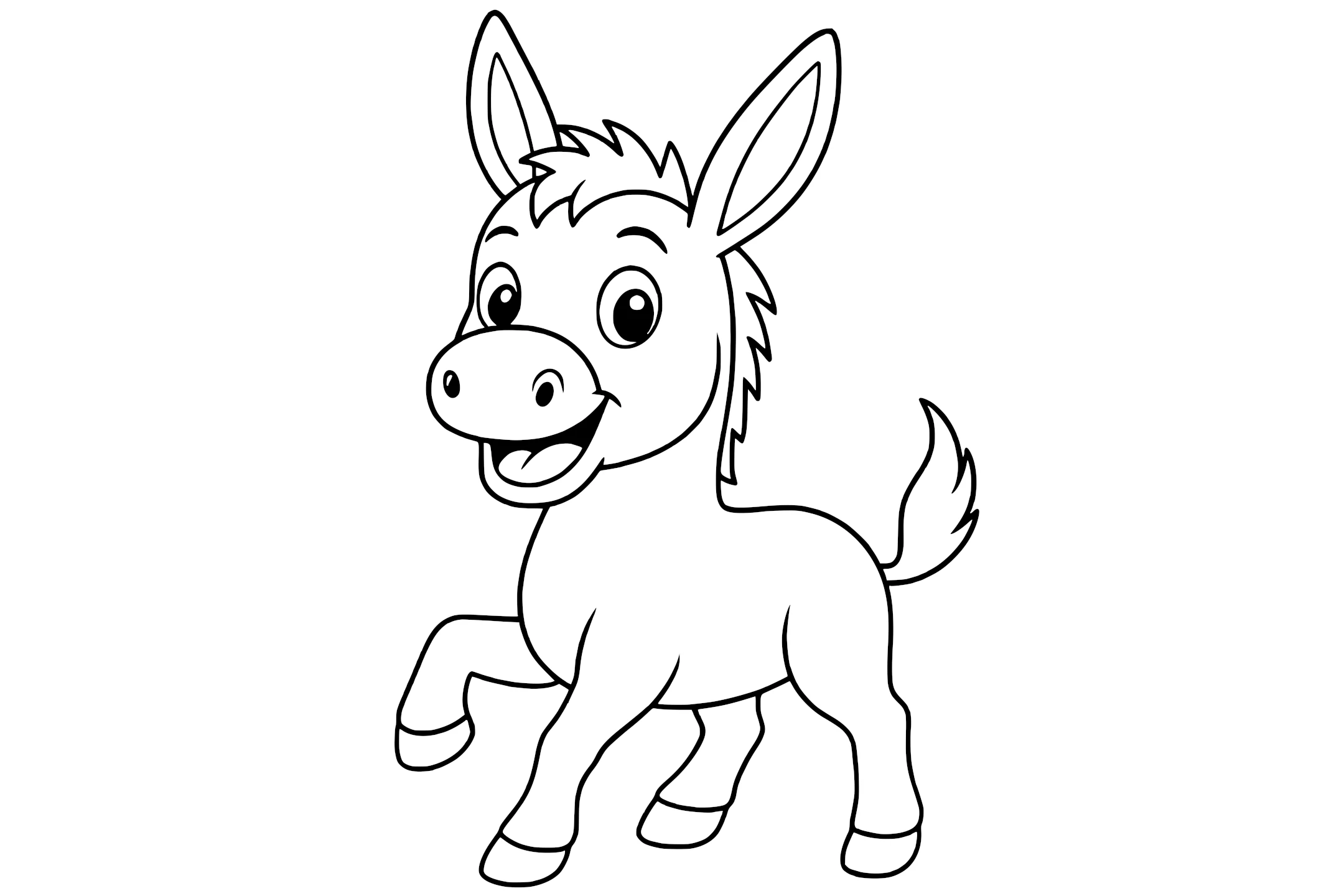 Donkey with long ears, four legs, a short mane, and a fluffy tail.