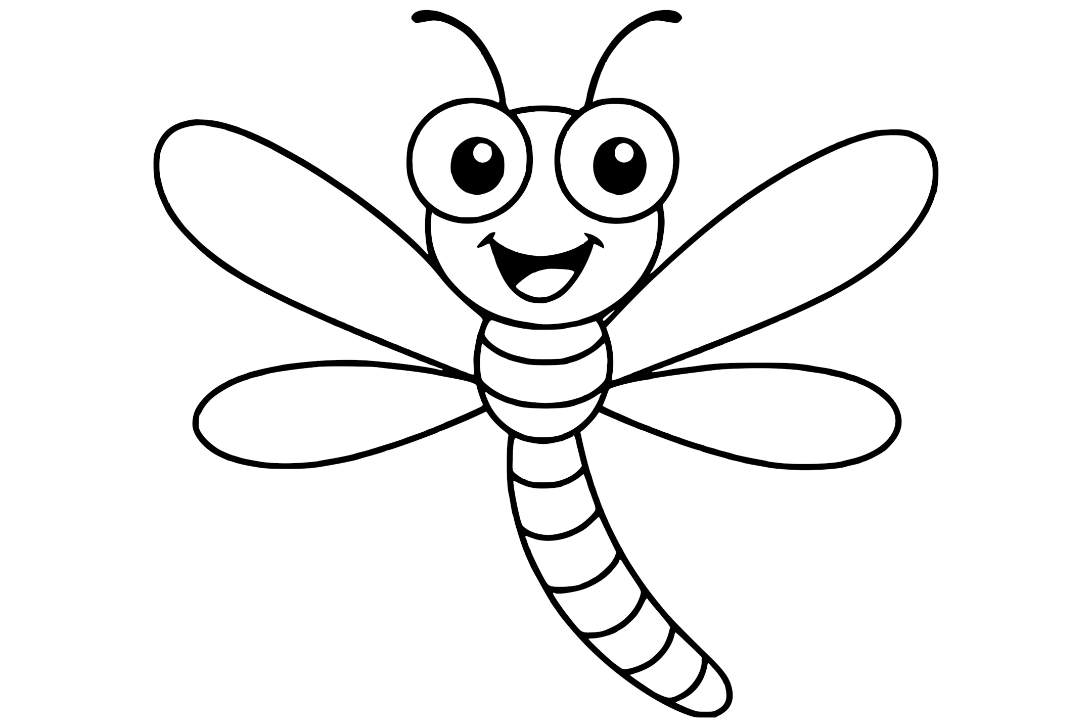 Dragonfly with large eyes, two antennae, four long wings, and a striped tail.