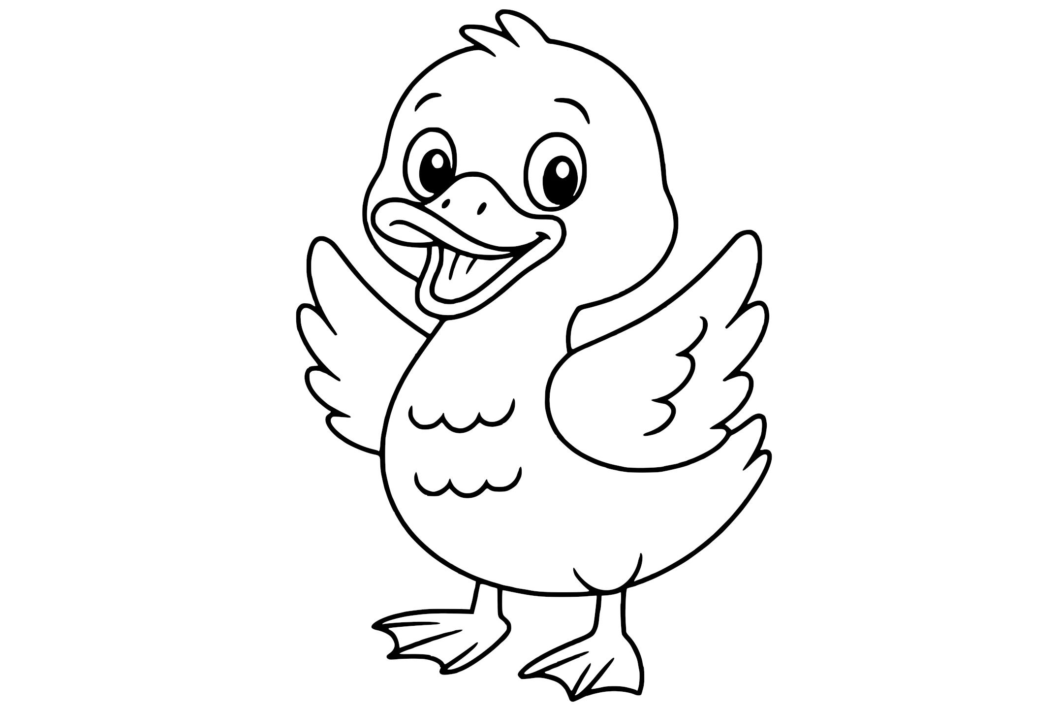 Duck with a wide beak, open wings, two webbed feet, and a joyful expression.