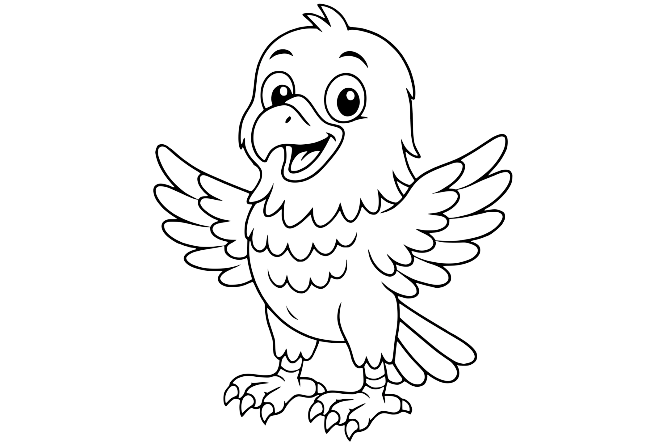 Eagle with wide open wings, sharp beak, large eyes, feathered body, and strong talons.