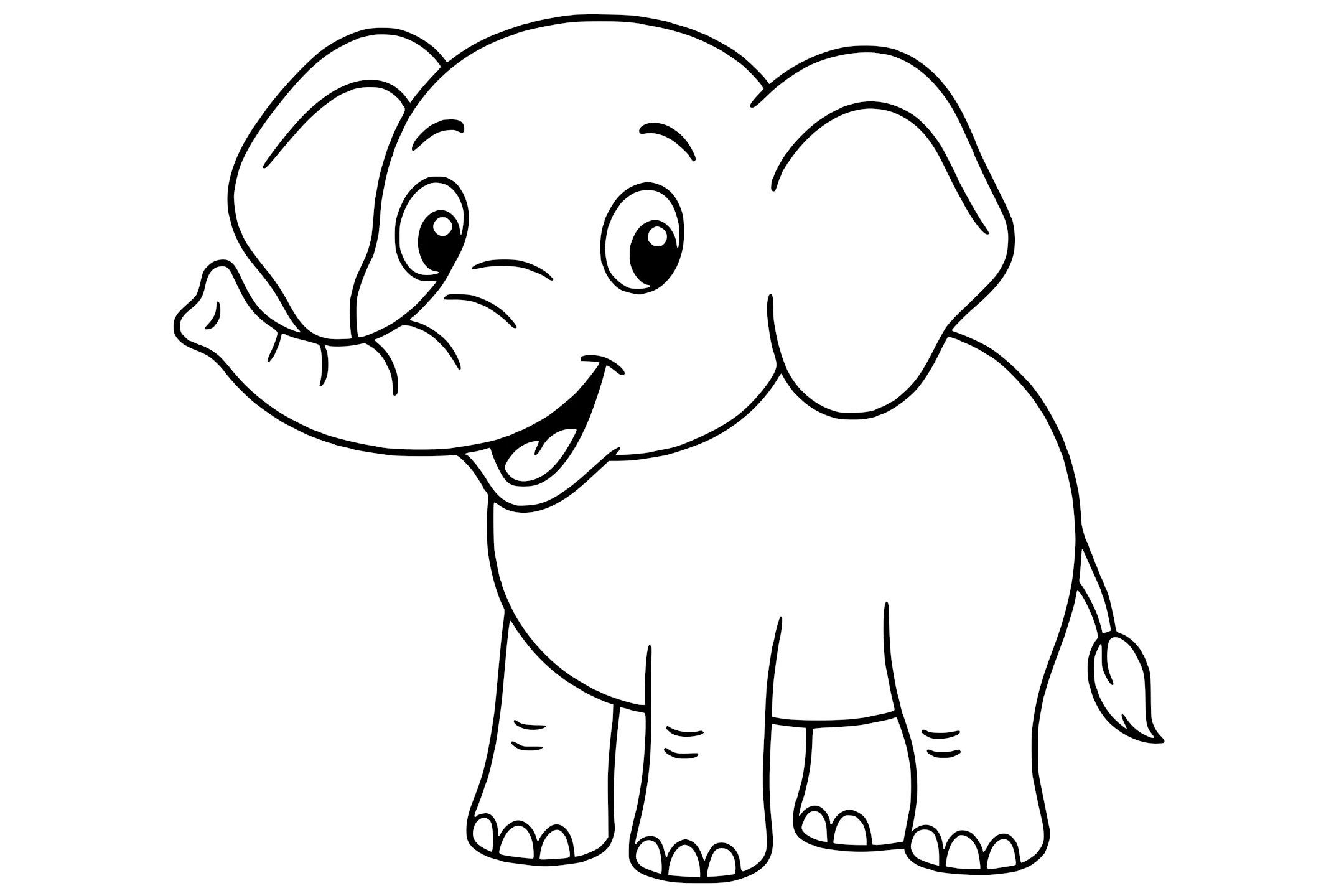 Elephant with large ears, a raised trunk, four legs, and a small tail with a tuft.