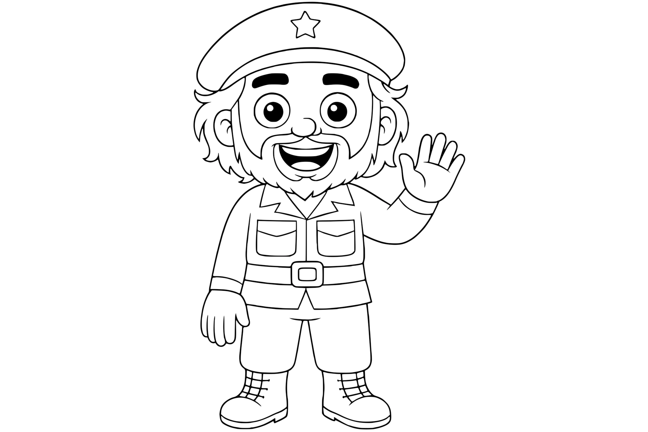 Ernesto Che Guevara smiling with a beard and waving, wearing a star beret, military shirt, belt, and boots.