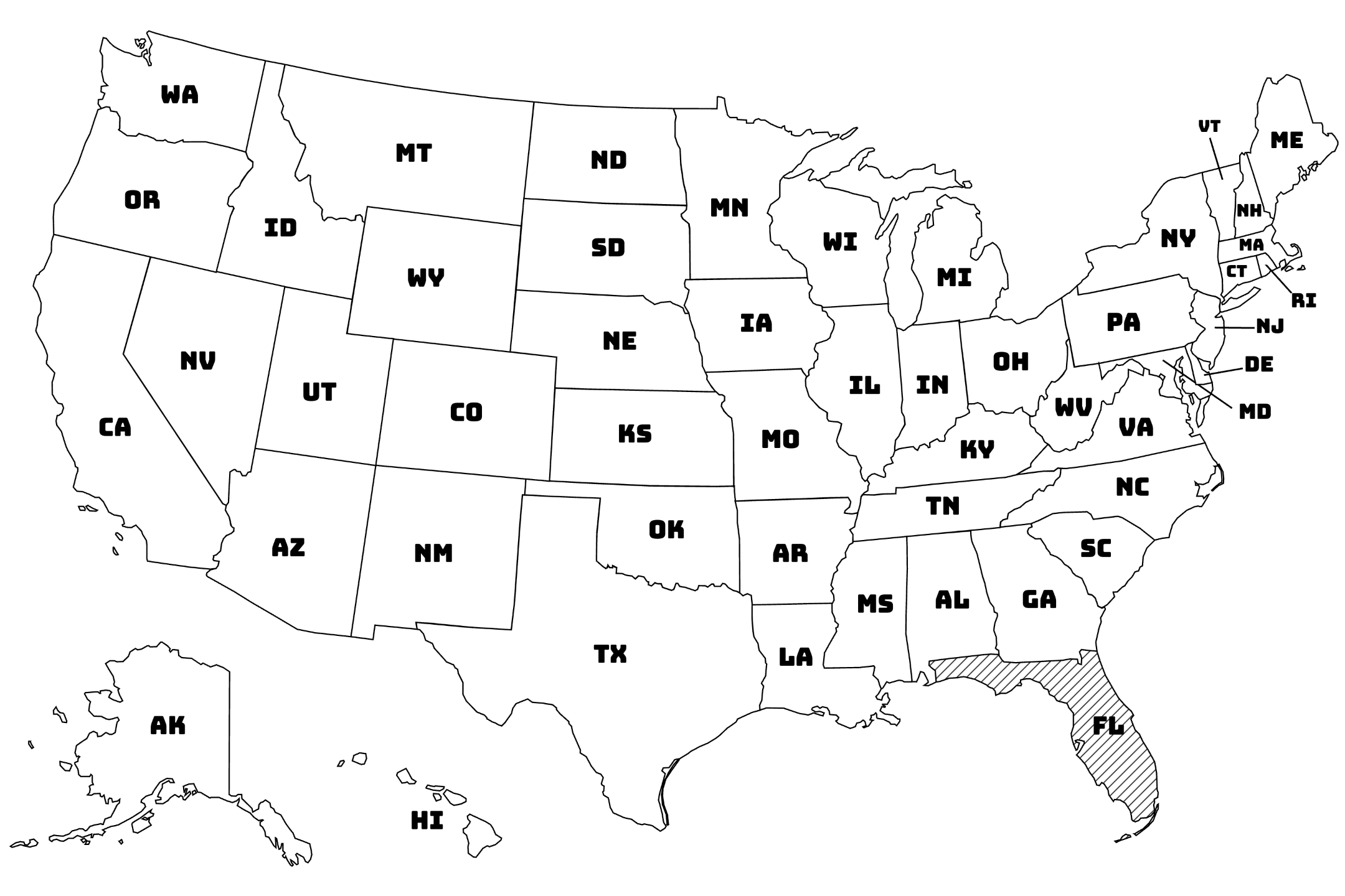 Map of the United States with Florida highlighted using diagonal shading.