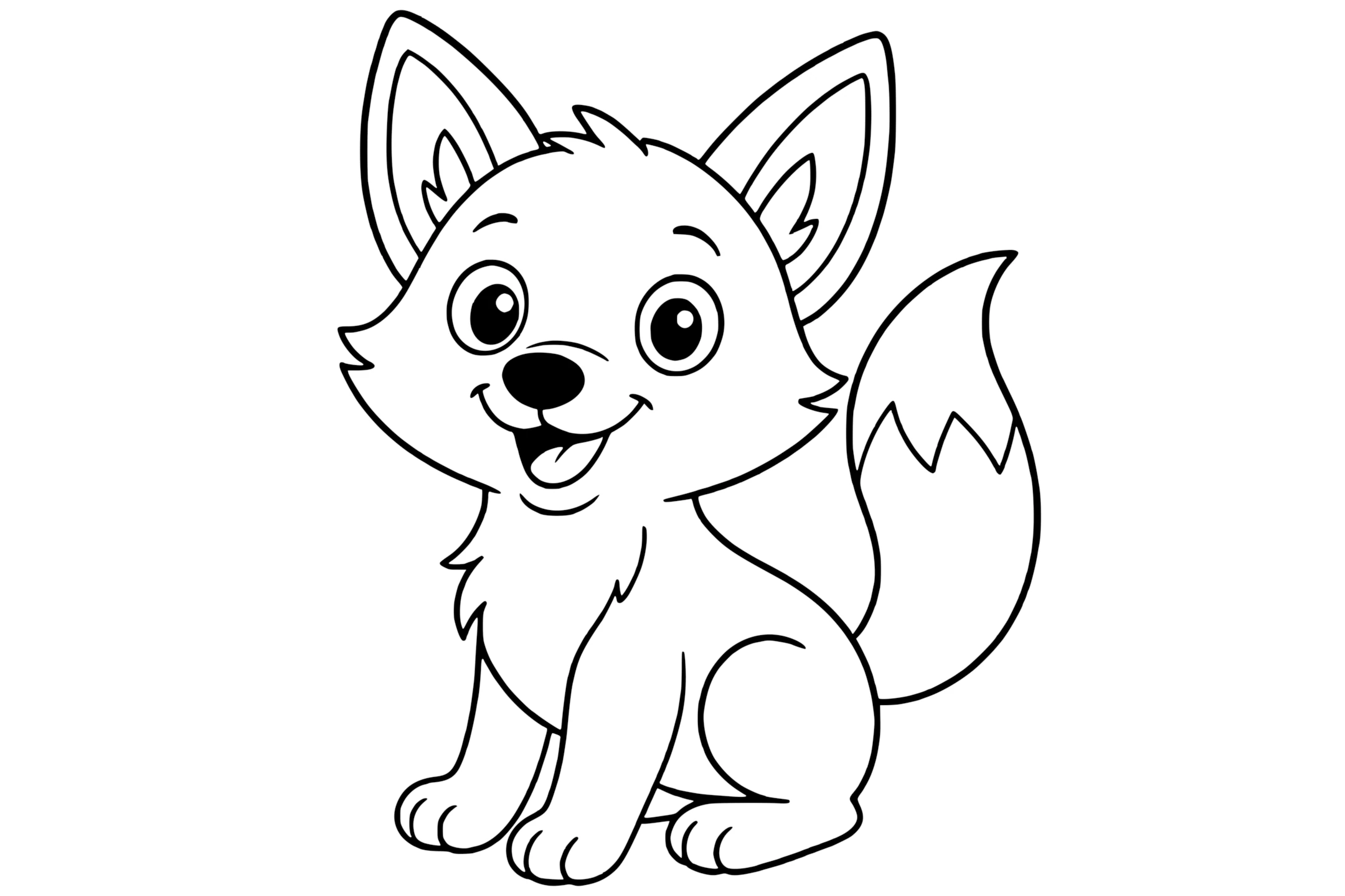 Fox with large ears, round eyes, fluffy tail, and a big smile.