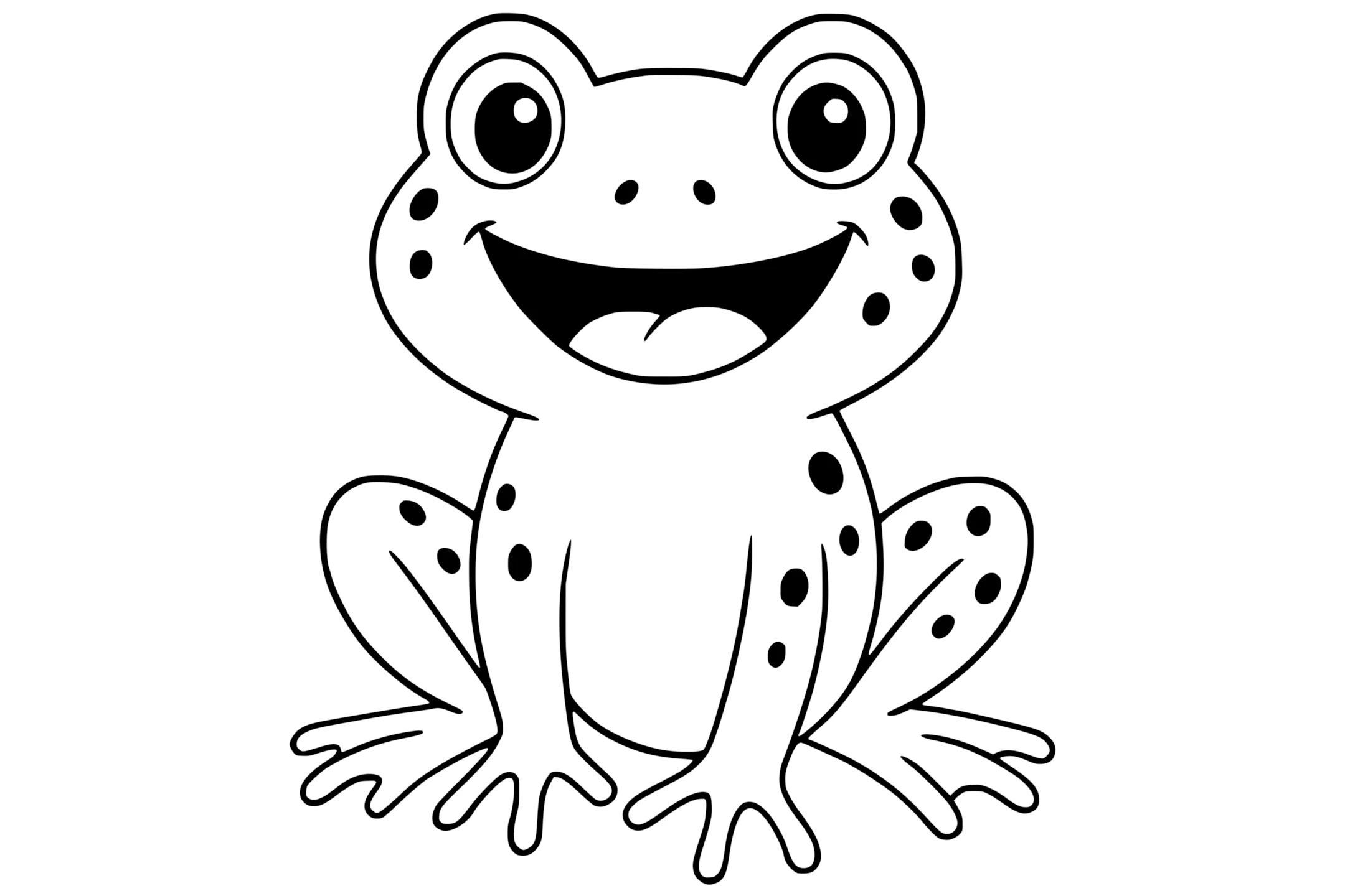 Frog with big eyes, a wide smile, spotted skin, and four webbed feet.