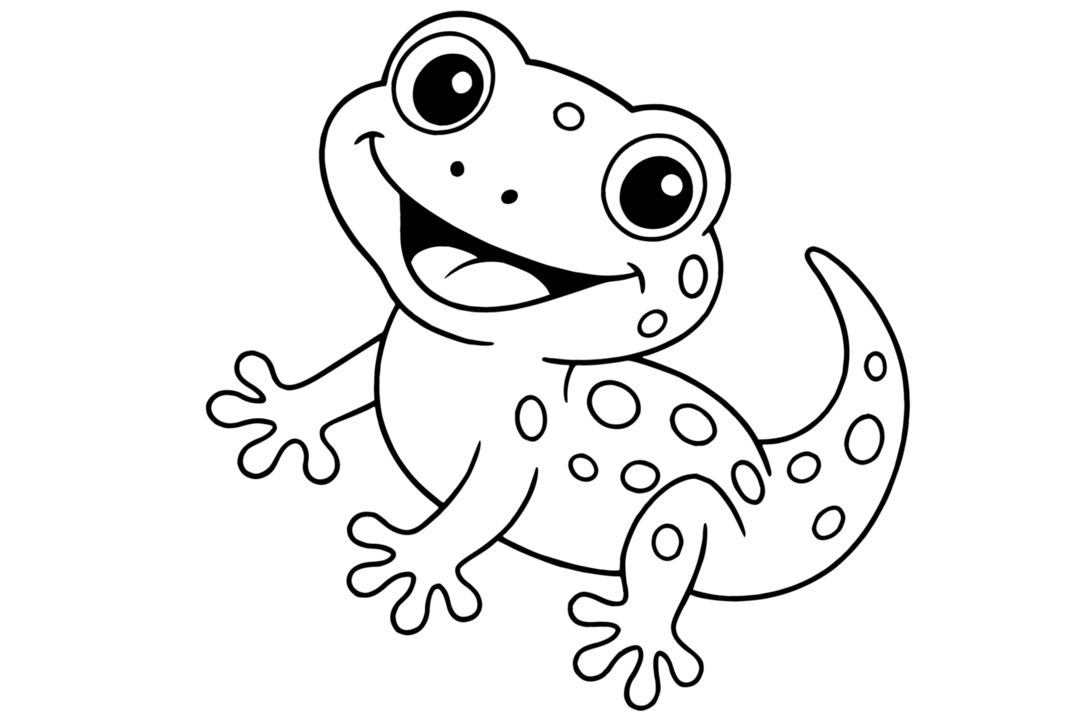 Gecko with big eyes, round spots, four splayed toes on each foot, and a curved tail.