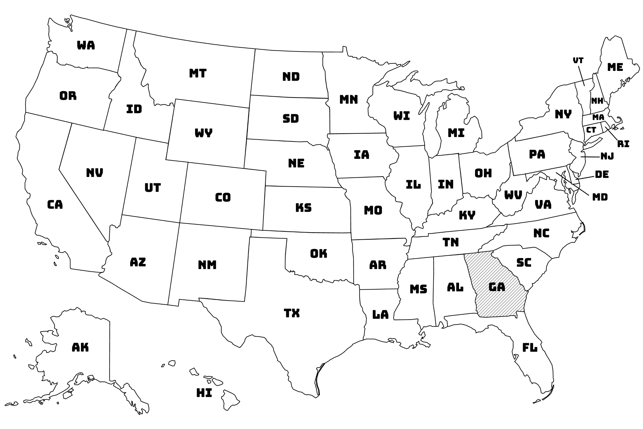 Map of the United States with Georgia highlighted using diagonal shading.